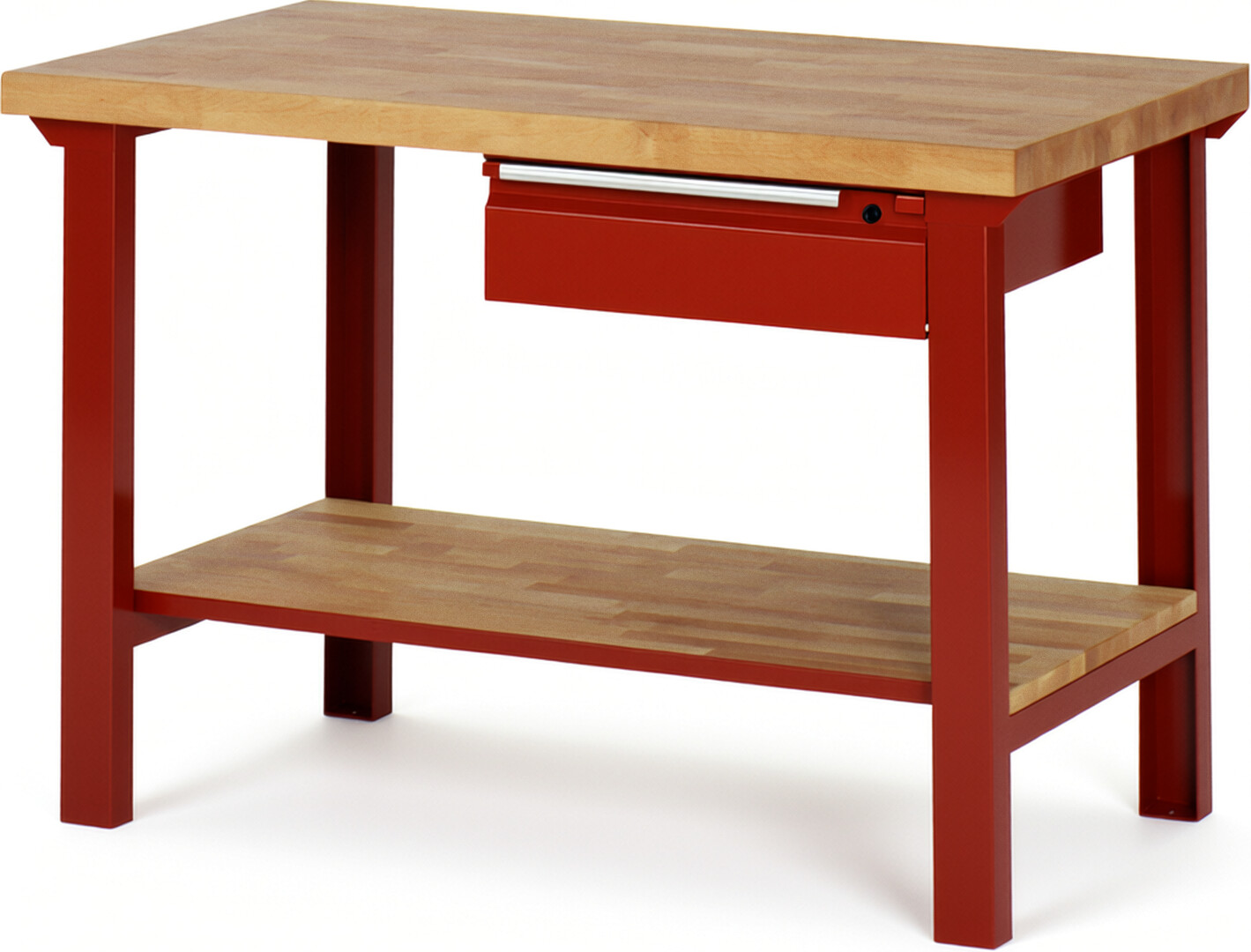 Werkbank - Modell 7001 BASIC rot, BxTxH 1250x700x840 mm,  Buche-Massiv Arbeitsplatte 40 mm,  1 Schublade mit  Auszug 90 %