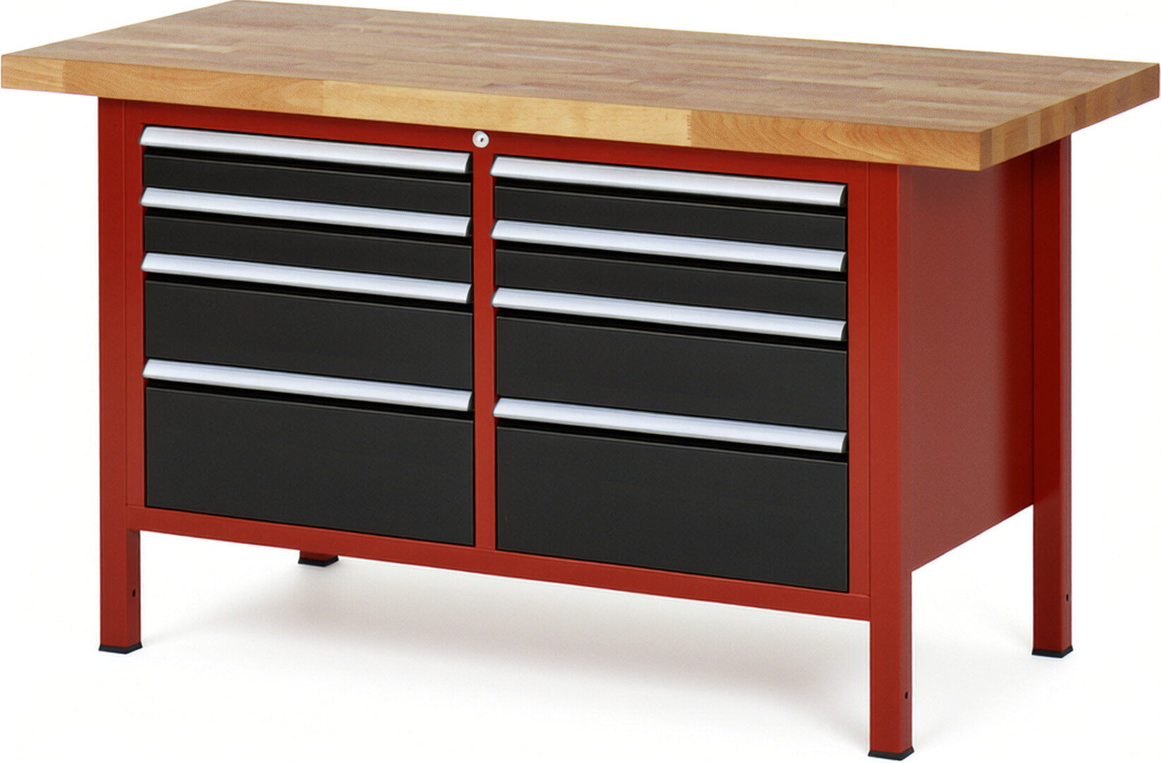 Werkbank Modell 8478 rot - schwarz, BxTxH 1500x700x840-1040 mm,  Buche-Massiv Arbeitsplatte 40 mm,  8 Schubladen mit  Vollauszug 100 % und  SoftClosing
