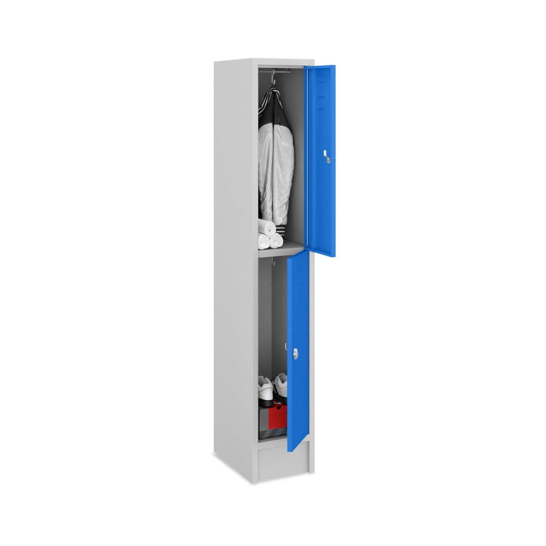 Doppelstock-Spind, 1 Abteil, 2 Fächer, Abteilbreite 30 cm, Höhe 180 cm, Breite 30 cm,  RAL 7035 Lichtgrau / RAL 5010 Enzianblau, mit Sockel, Drehriegelschloss