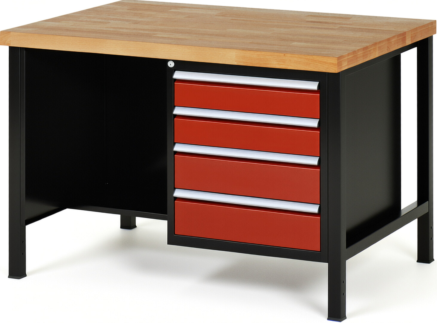 RAU Werkbank schwarz - rot - Breite 125 cm - Tiefe 90 cm - Höhe 84 cm - Buche-Massiv Arbeitsplatte 40 mm