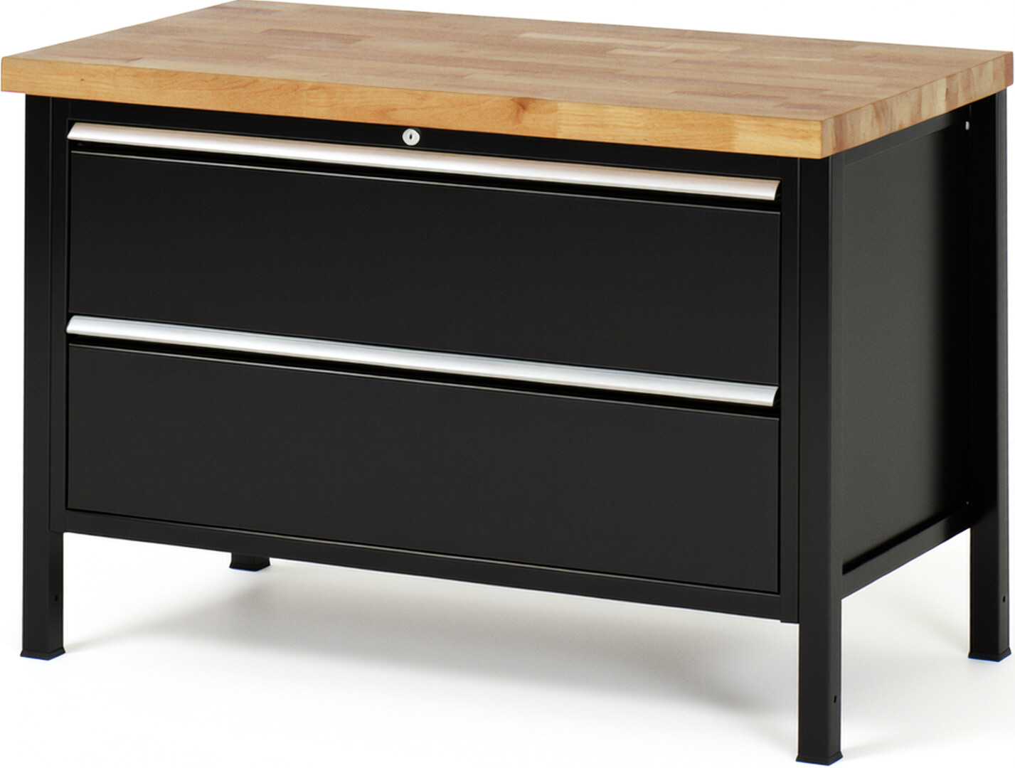 Werkbank Modell 8355 schwarz, BxTxH 1250x700x840-1040 mm,  Buche-Massiv Arbeitsplatte 40 mm,  2 Schubladen mit  Auszug 90 %