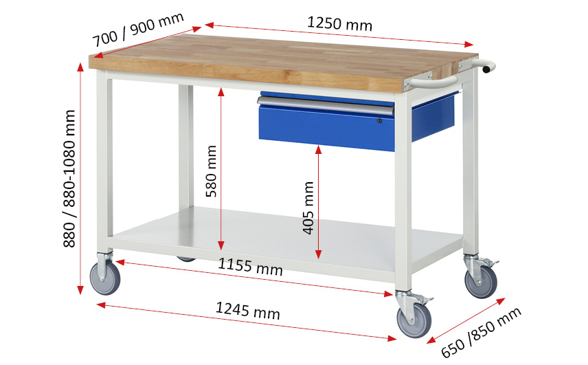 Fahrbare Werkbank Modell 8001 rot - schwarz, BxTxH 1250x700x880-1080 mm,  Buche-Massiv Arbeitsplatte 40 mm,  1 Schublade mit  Auszug 90 %