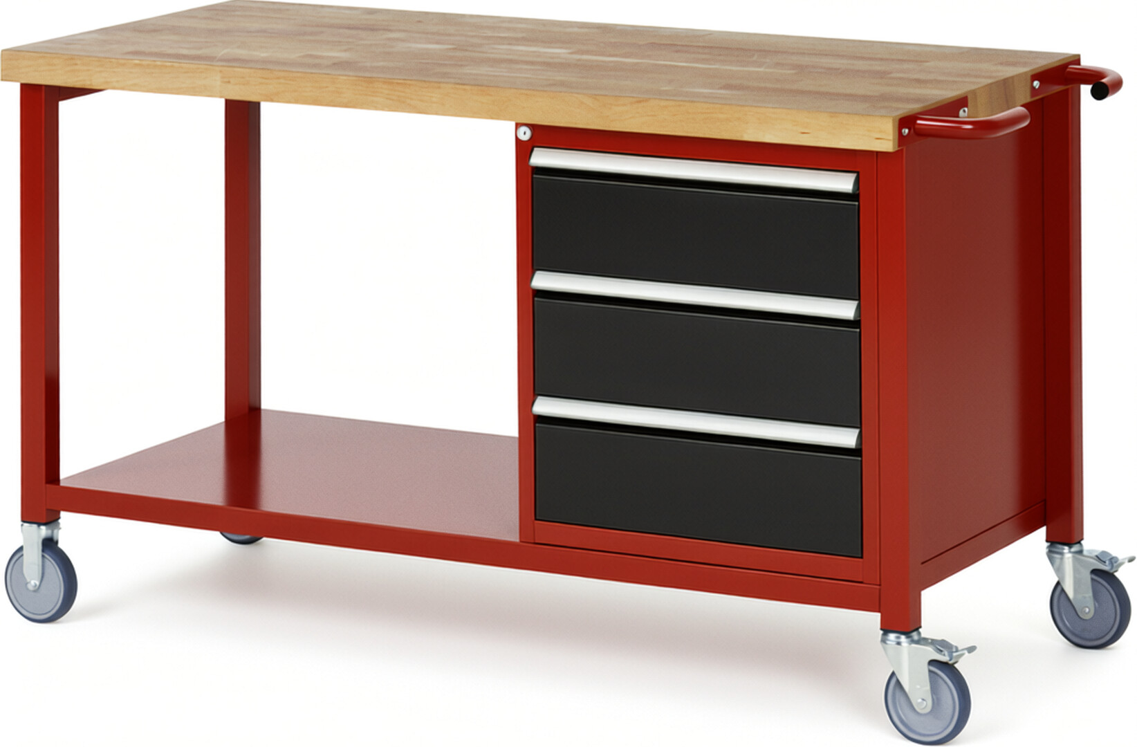 Fahrbare Werkbank Modell 8157 rot - schwarz, BxTxH 1500x700x880 mm,  Buche-Massiv Arbeitsplatte 40 mm,  3 Schubladen mit  Vollauszug 100 % und  SoftClosing