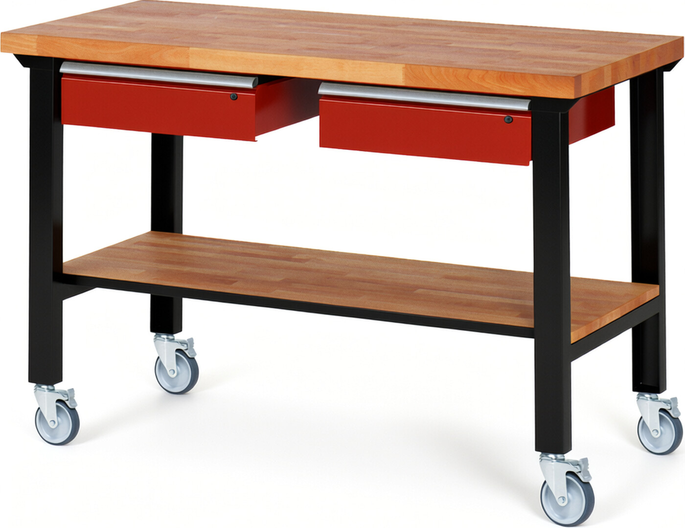 Fahrbare Werkbank Modell 7002 schwarz-rot, BxTxH 1500x700x1000 mm,  Buche-Massiv Arbeitsplatte 40 mm,  2 Schubladen mit  Auszug 90 %