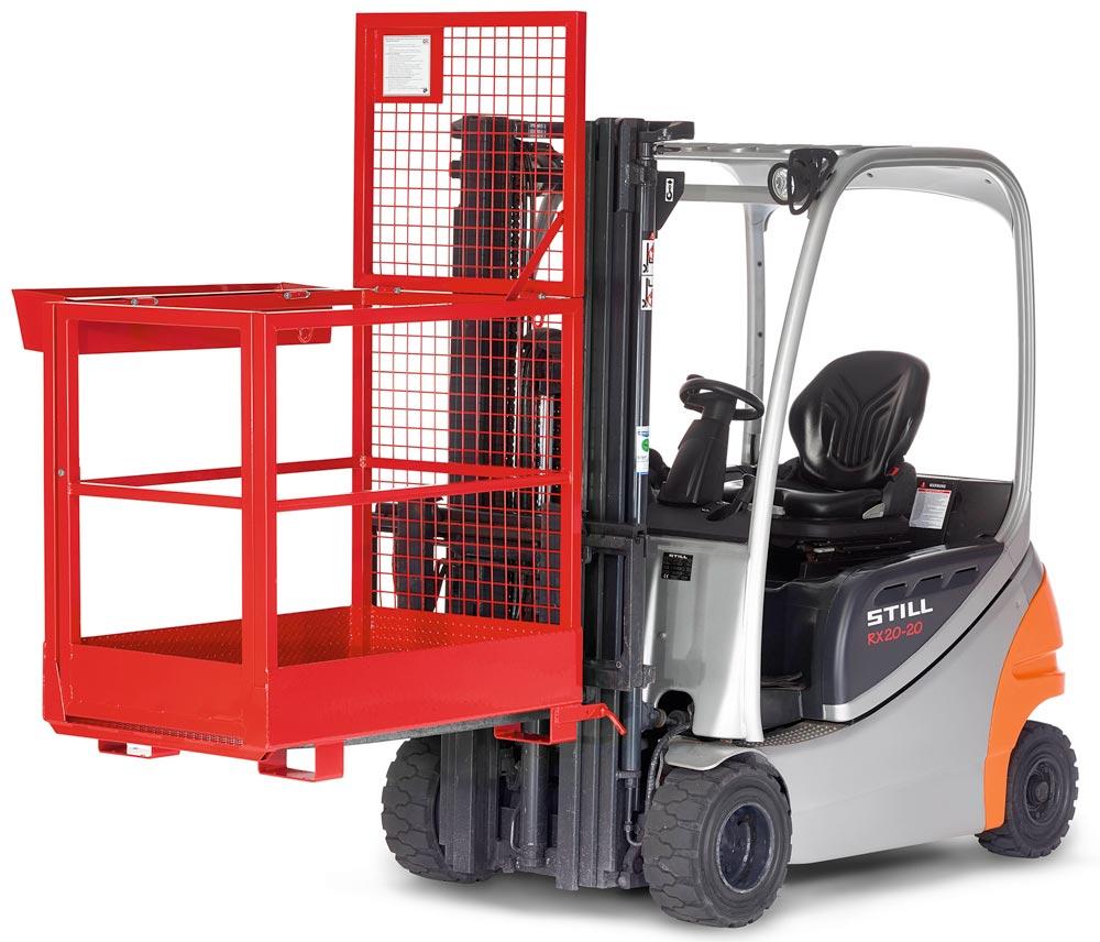 Arbeitskorb mit Aufnahme von der schmalen Seite, Zulässig für 2 Personen, BxTxH 800x1200x1900 mm, Traglast 300 kg, RAL 3000 feuerrot