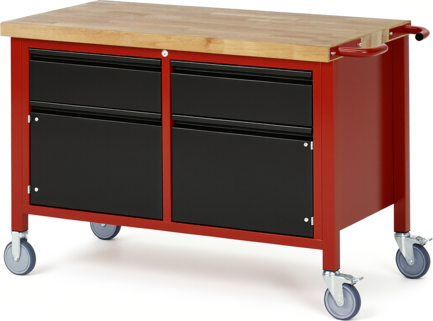 Fahrbare Werkbank - Modell 8466 BASIC rot - schwarz, BxTxH 1250x700x880 mm,  Buche-Massiv Arbeitsplatte 40 mm,  2 Schubladen mit  Auszug 90 %