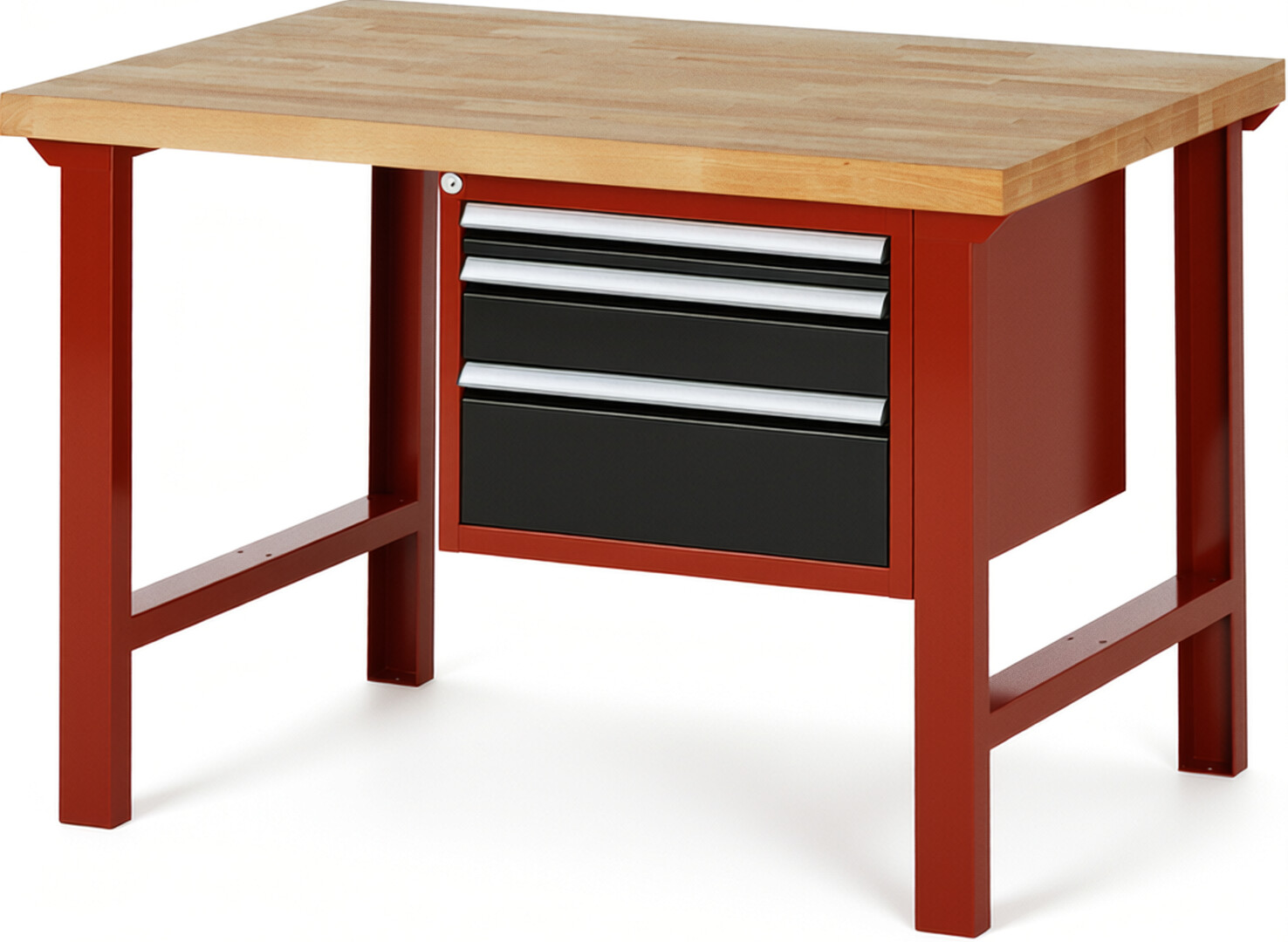 Werkbank Modell 7126 rot - schwarz, BxTxH 1250x900x840 mm,  Buche-Massiv Arbeitsplatte 40 mm,  3 Schubladen mit  Vollauszug 100 % und  SoftClosing