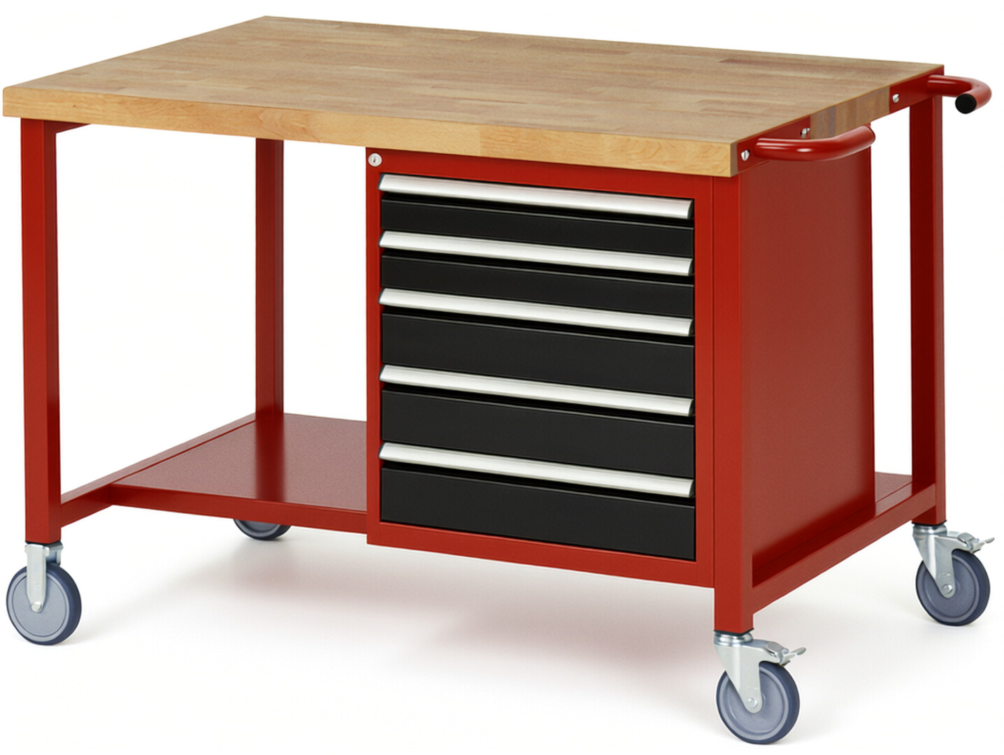 Fahrbare Werkbank Modell 8171 rot - schwarz, BxTxH 1250x900x880-1080 mm,  Buche-Massiv Arbeitsplatte 40 mm,  5 Schubladen mit  Auszug 90 %