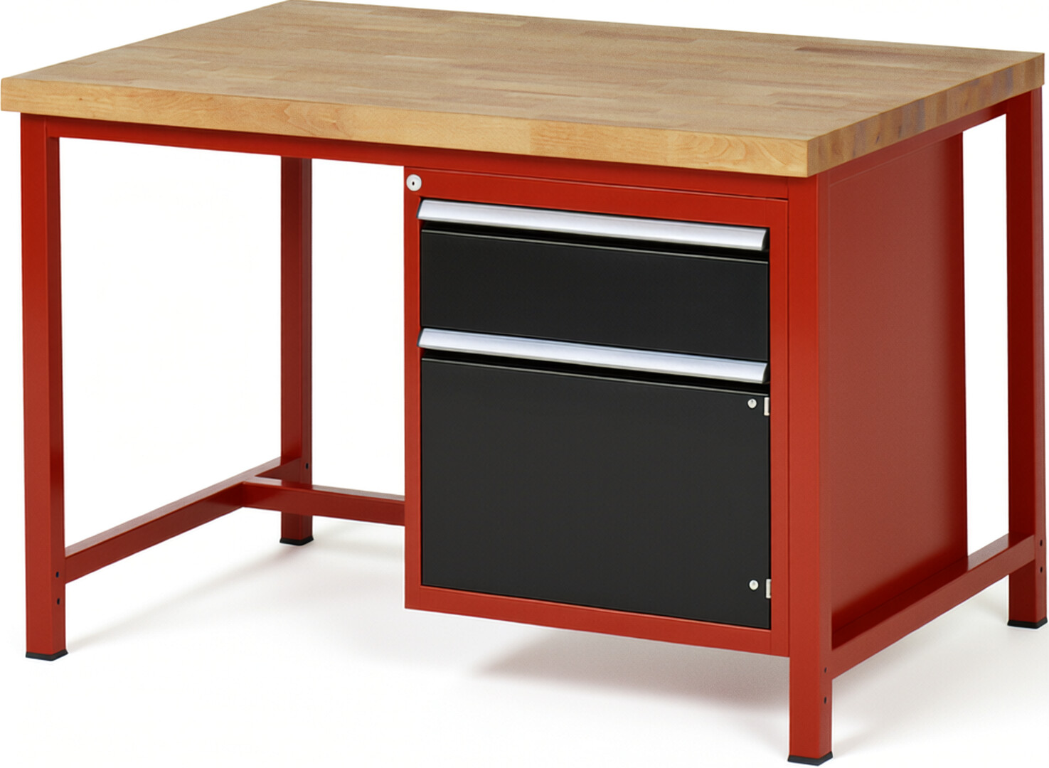 Werkbank Modell 8152 rot - schwarz, BxTxH 1250x900x840 mm,  Buche-Massiv Arbeitsplatte 40 mm,  1 Schublade mit  Auszug 90 %