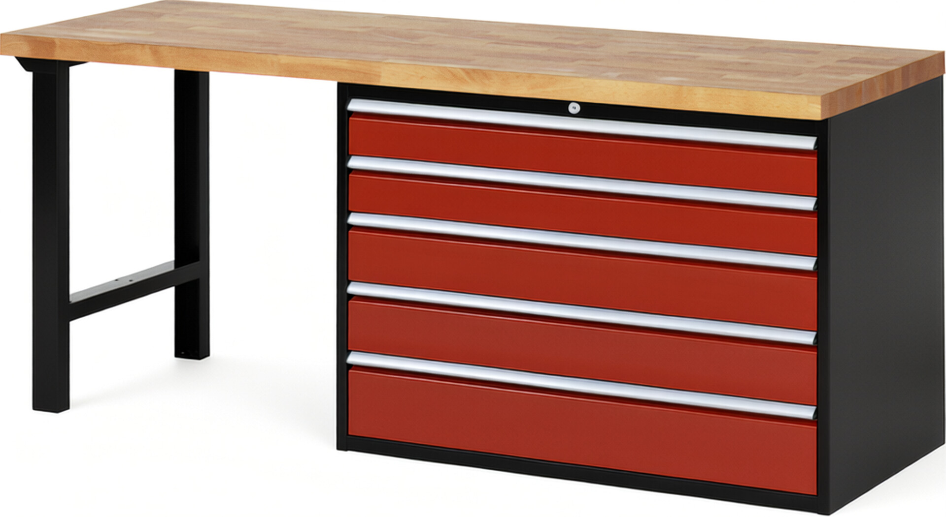 RAU Werkbank schwarz - rot - Breite 200 cm - Tiefe 70 cm - Höhe 84 cm - Buche-Massiv Arbeitsplatte 40 mm