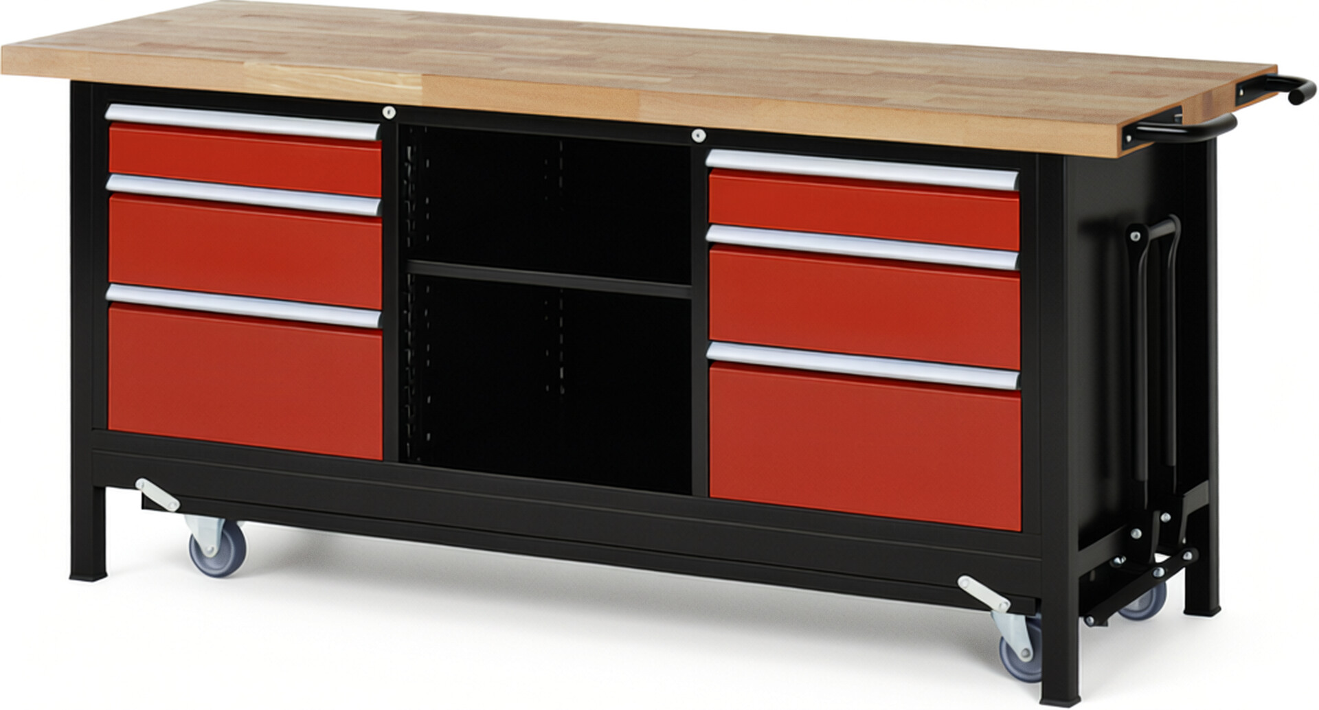 RAU Werkbank schwarz - rot - Breite 200 cm - Tiefe 70 cm - Höhe 88 cm - Buche-Massiv Arbeitsplatte 40 mm