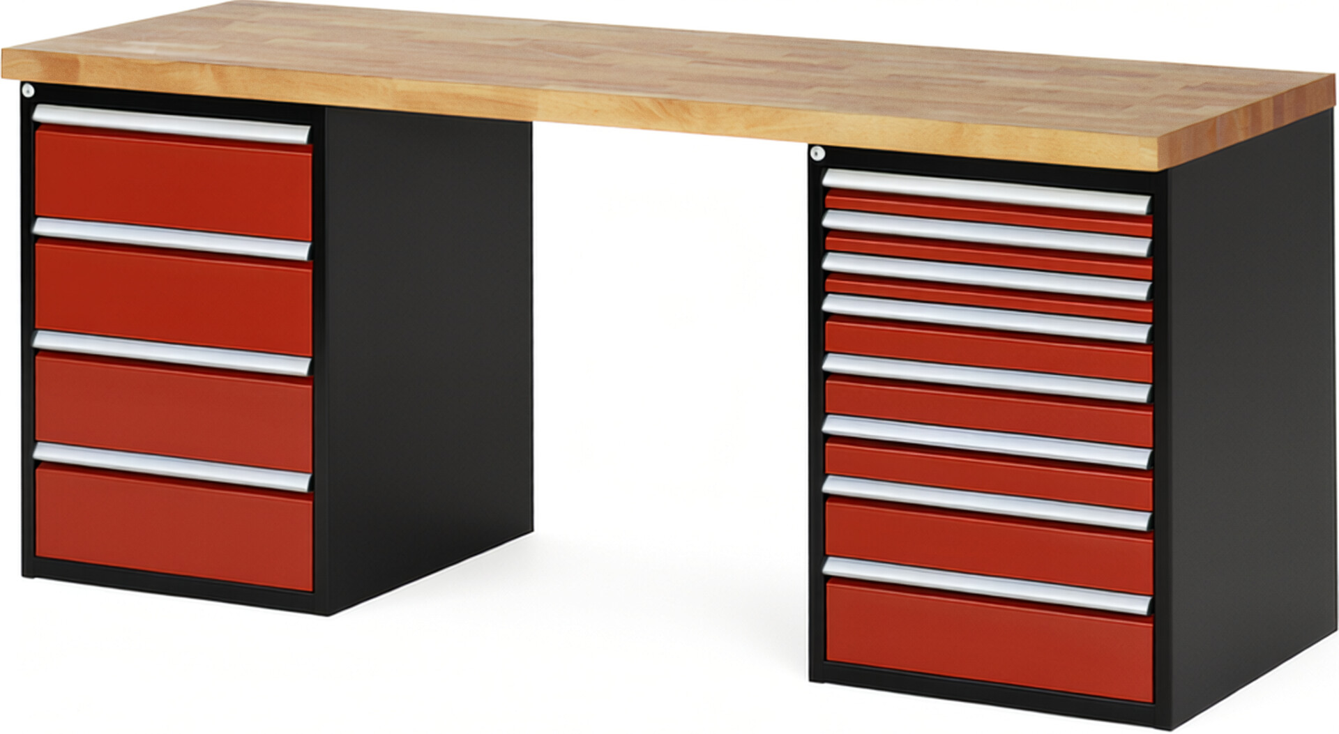 RAU Werkbank schwarz - rot - Breite 200 cm - Tiefe 70 cm - Höhe 84 cm - Buche-Massiv Arbeitsplatte 40 mm