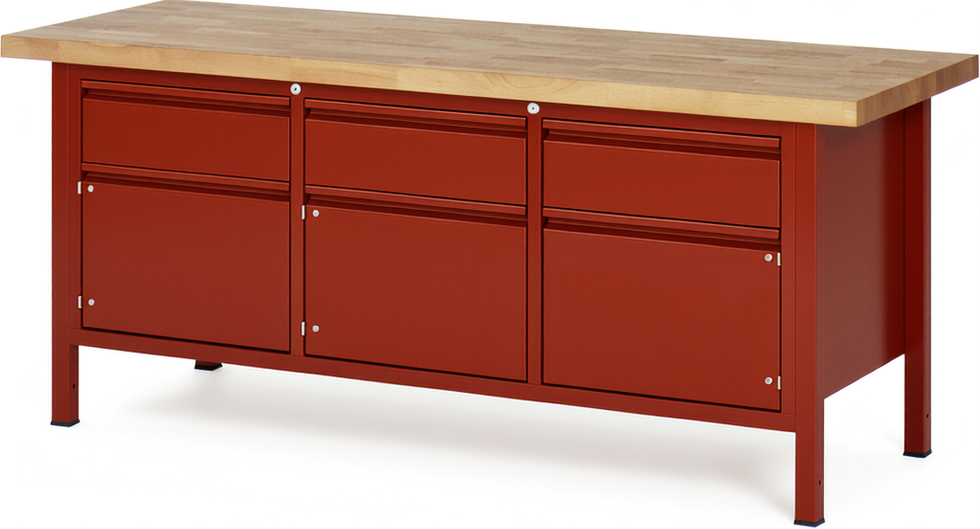 Werkbank - Modell 8567 BASIC rot, BxTxH 2000x700x840 mm,  Buche-Massiv Arbeitsplatte 40 mm,  3 Schubladen mit  Auszug 90 %