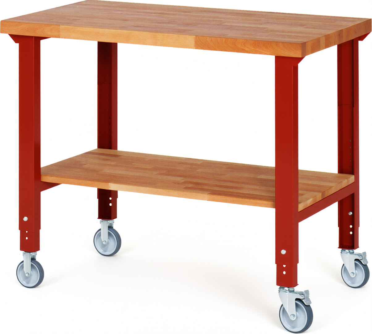 Fahrbare Werkbank Modell 7000 rot, BxTxH 1250x700x950-1000 mm,  Buche-Massiv Arbeitsplatte 40 mm