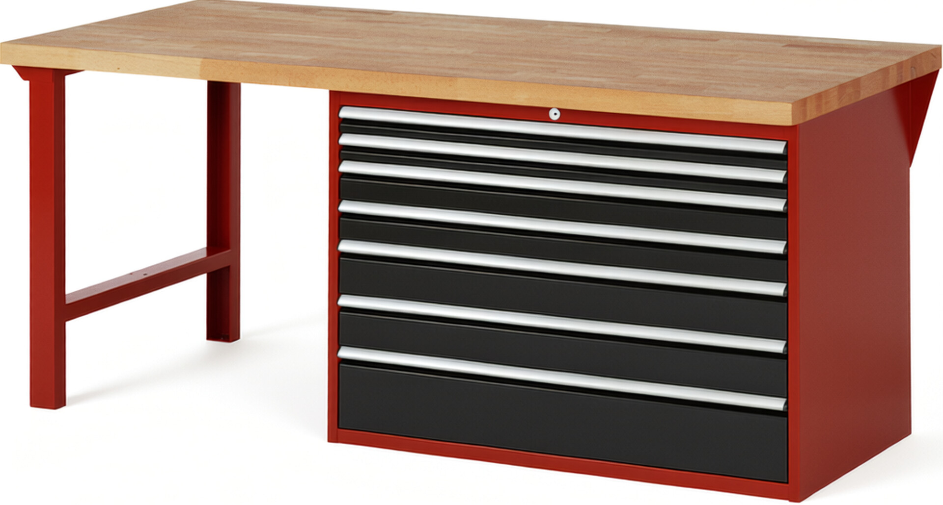 Werkbank Modell 7717 rot - schwarz, BxTxH 2000x900x890 mm,  Buche-Massiv Arbeitsplatte 40 mm,  7 Schubladen mit  Vollauszug 100 % und  SoftClosing