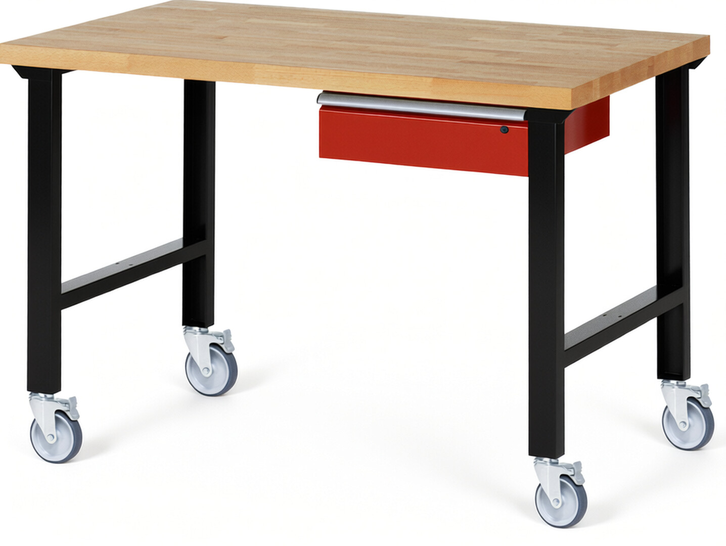 RAU Werkbank schwarz - rot - Breite 150 cm - Tiefe 90 cm - Höhe 100 cm - Buche-Massiv Arbeitsplatte 40 mm