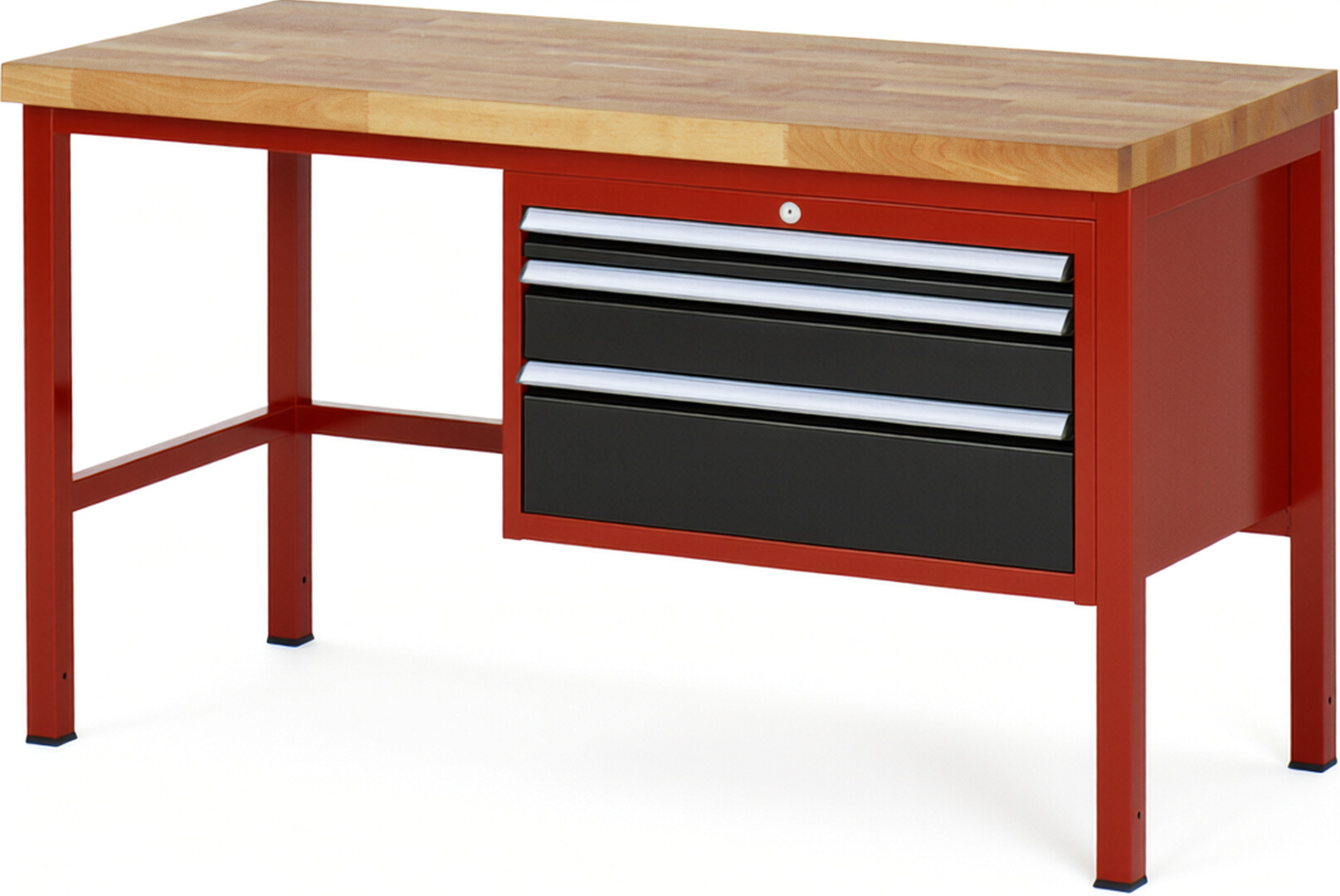 Werkbank Modell 8226 rot - schwarz, BxTxH 1500x700x840-1040 mm,  Buche-Massiv Arbeitsplatte 40 mm,  3 Schubladen mit  Vollauszug 100 % und  SoftClosing