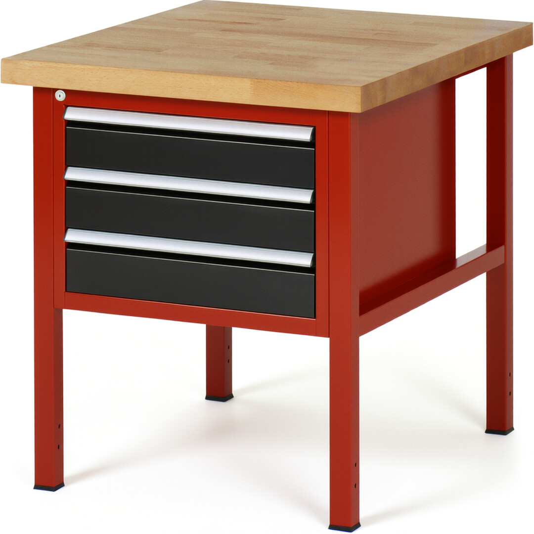 Werkbank Modell 8127 rot - schwarz, BxTxH 750x900x840-1040 mm,  Buche-Massiv Arbeitsplatte 40 mm,  3 Schubladen mit  Vollauszug 100 % und  SoftClosing