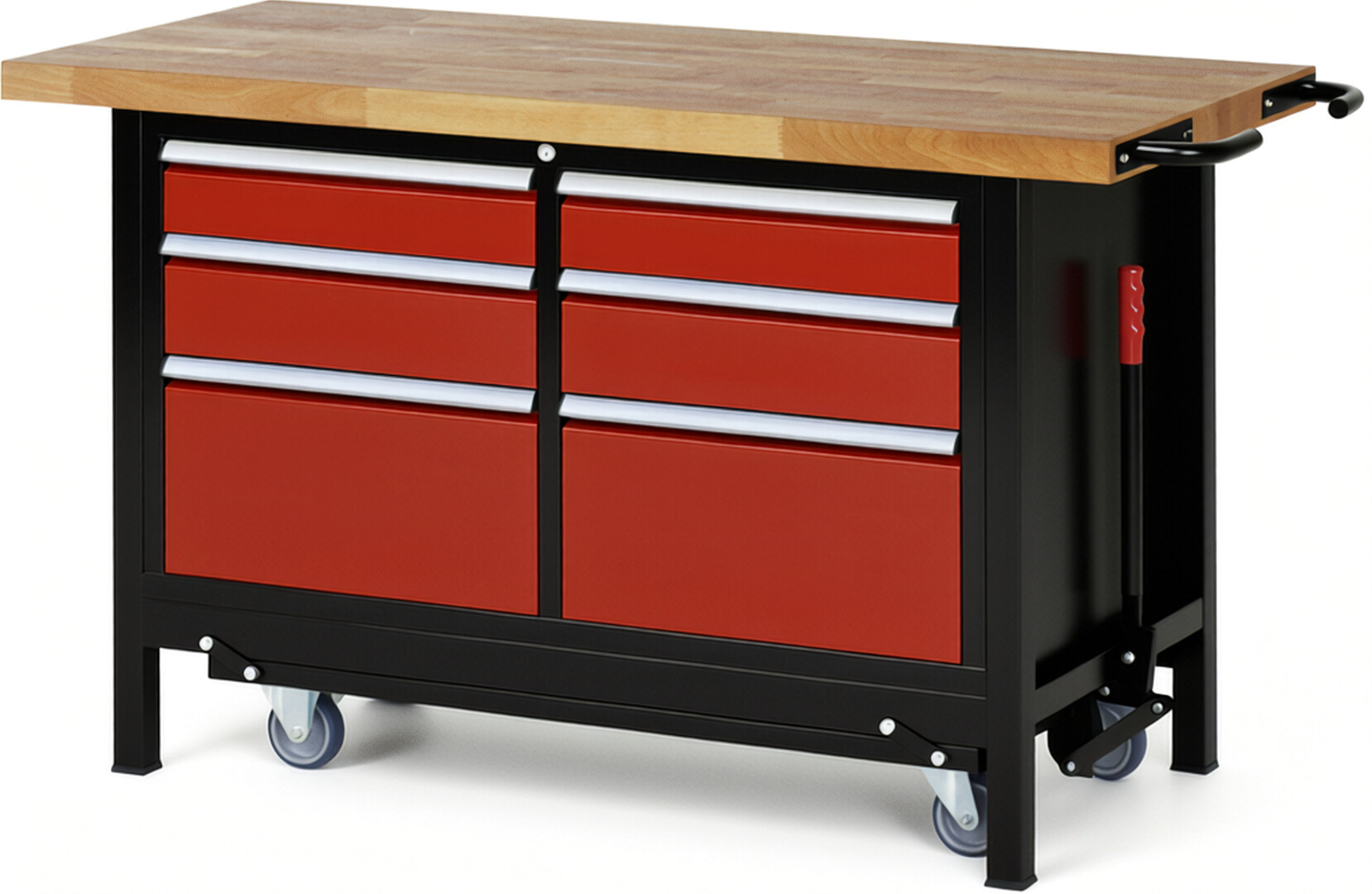 RAU Werkbank schwarz - rot - Breite 150 cm - Tiefe 70 cm - Höhe 88 cm - Buche-Massiv Arbeitsplatte 40 mm