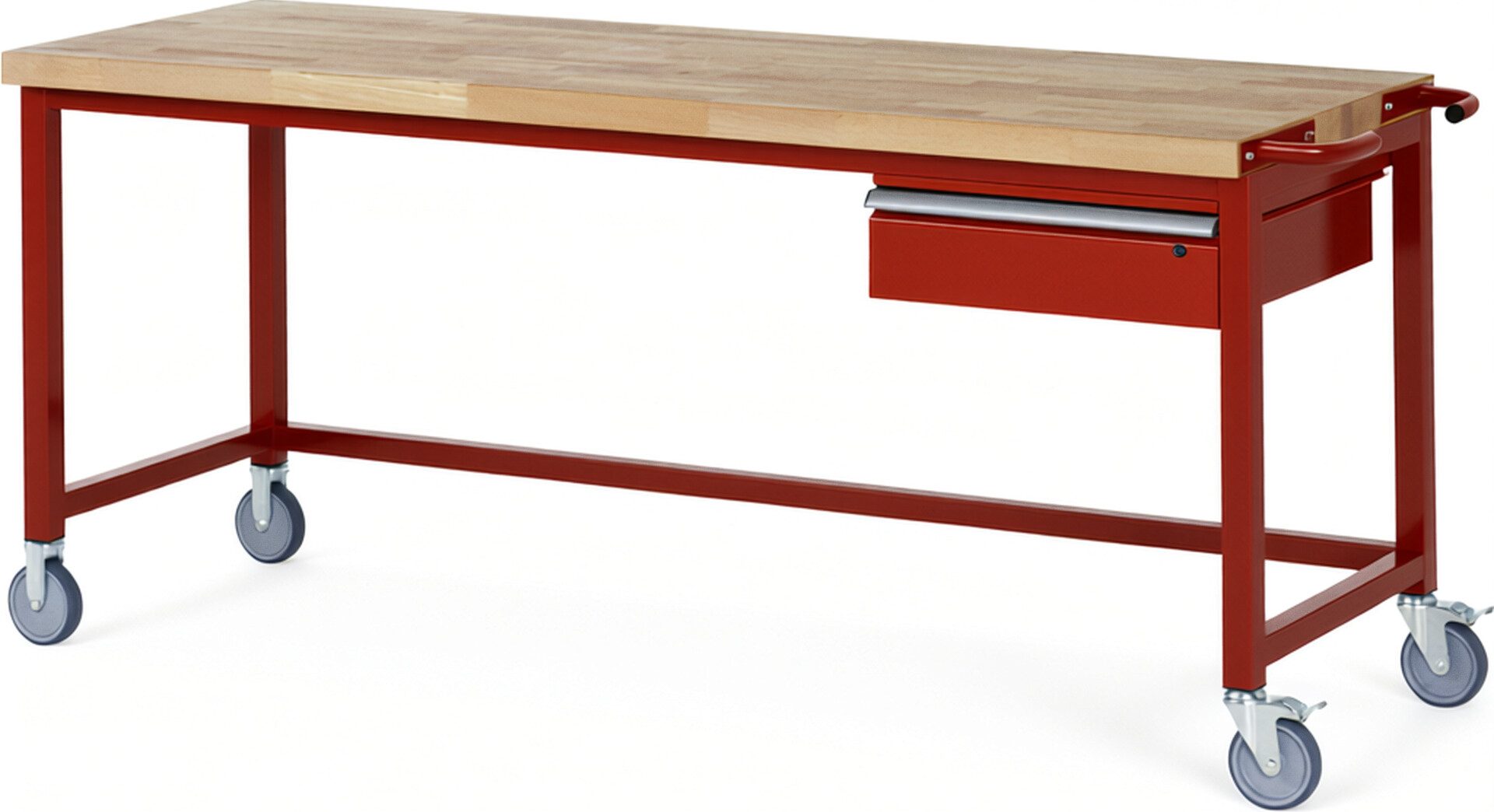 Fahrbare Werkbank Modell 8001 rot, BxTxH 2000x700x880-1080 mm,  Buche-Massiv Arbeitsplatte 40 mm,  1 Schublade mit  Auszug 90 %