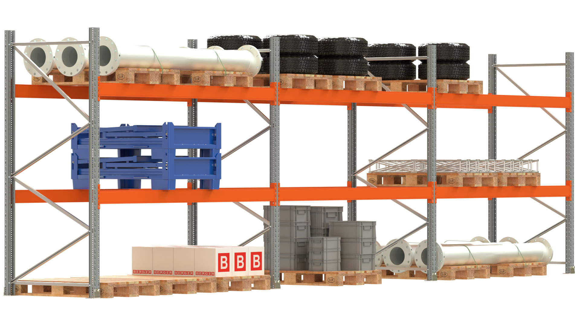 Palettenregal ARTUS - Breite 844 cm - Höhe 250 cm - Tiefe 110 cm - 2 Träger-Ebenen - Fachlast 3000 kg - 27 Palettenstellplätze