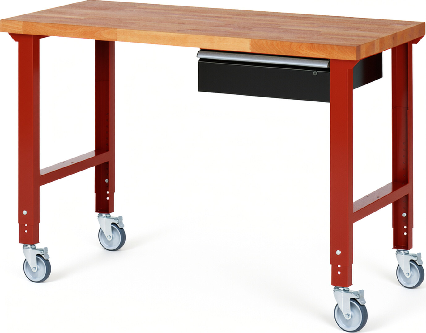 Fahrbare Werkbank Modell 7001 rot - schwarz, BxTxH 1500x700x950-1000 mm,  Buche-Massiv Arbeitsplatte 40 mm,  1 Schublade mit  Auszug 90 %