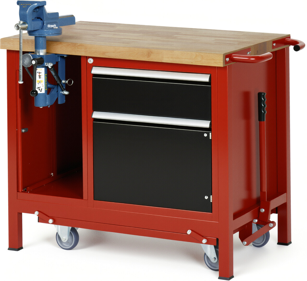 RAU Werkbank rot - schwarz - Breite 100 cm - Tiefe 70 cm - Höhe 88 cm - Buche-Massiv Arbeitsplatte 40 mm