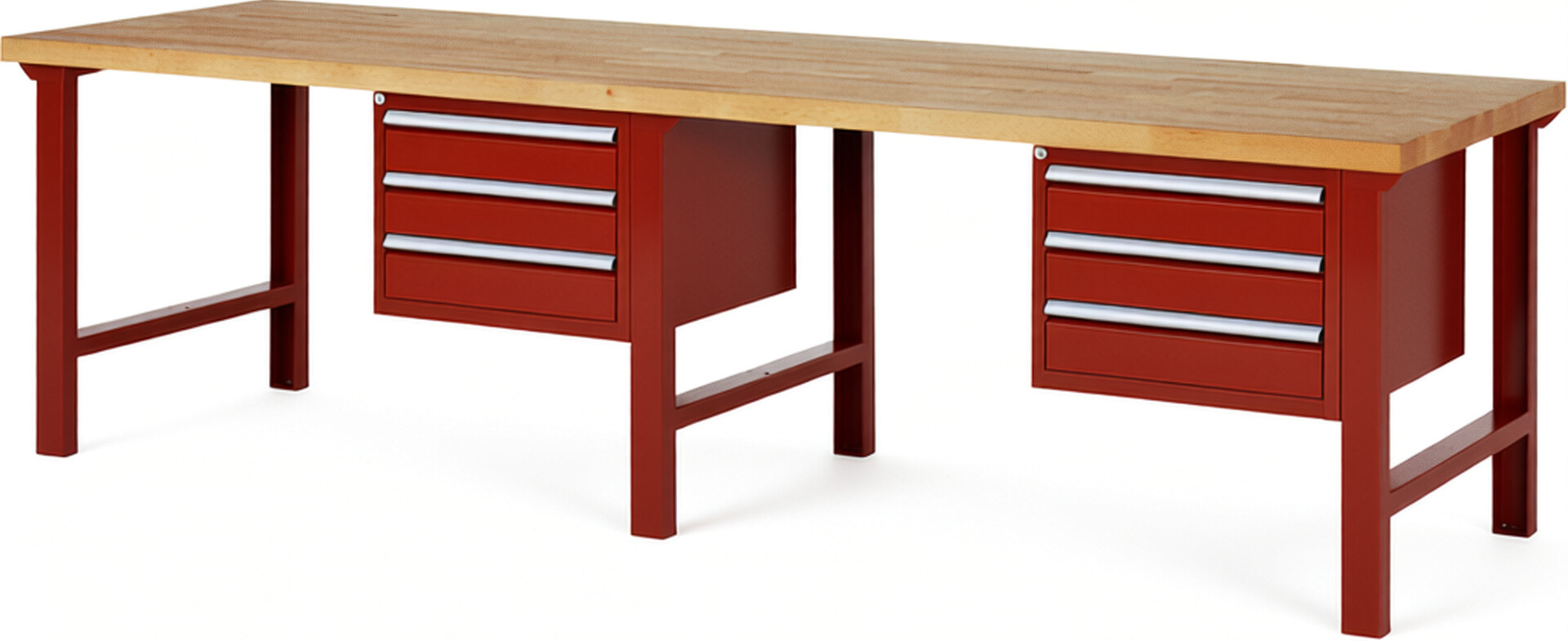 Werkbank Modell 7127 rot, BxTxH 3000x900x840 mm,  Buche-Massiv Arbeitsplatte 40 mm,  6 Schubladen mit  Vollauszug 100 % und  SoftClosing