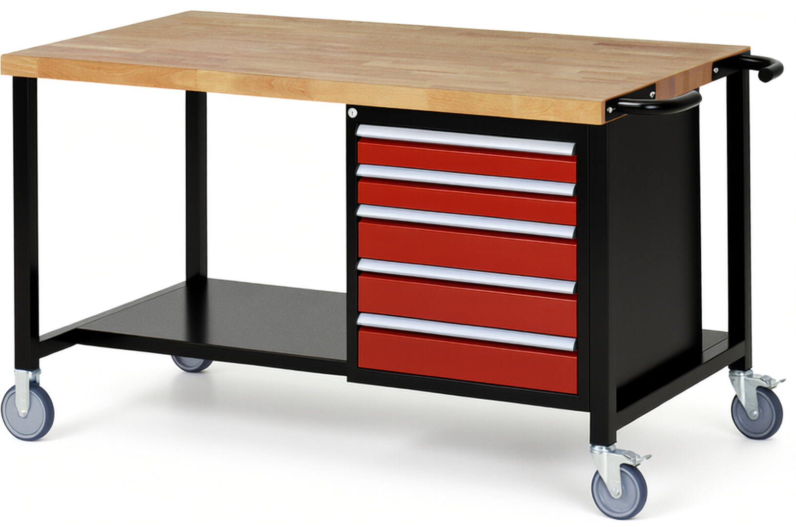 RAU Werkbank schwarz - rot - Breite 150 cm - Tiefe 90 cm - Höhe 108 cm - Buche-Massiv Arbeitsplatte 40 mm