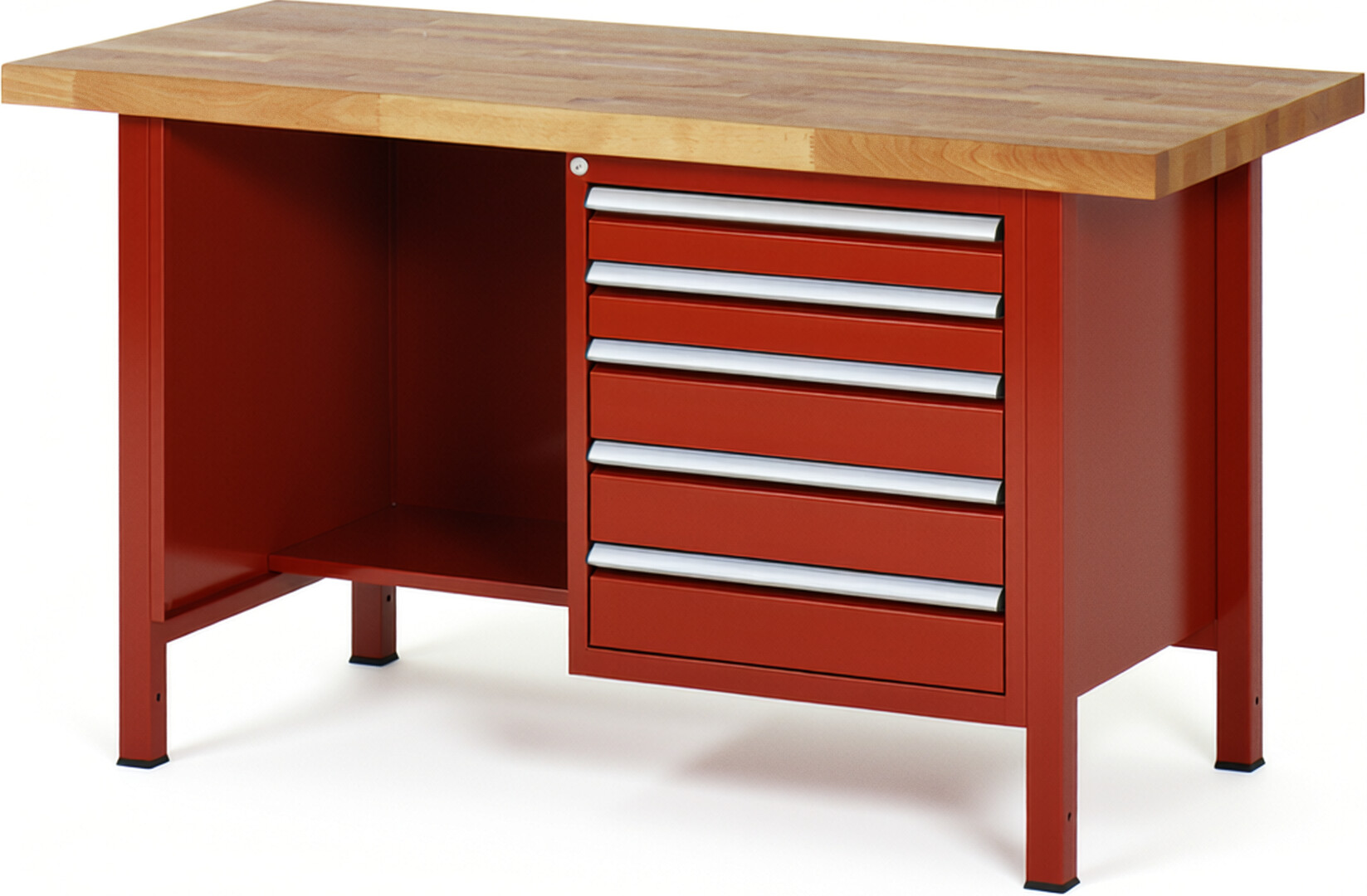 Werkbank Modell 8454 rot, BxTxH 1500x700x840 mm,  Buche-Massiv Arbeitsplatte 40 mm,  5 Schubladen mit  Vollauszug 100 % und  SoftClosing