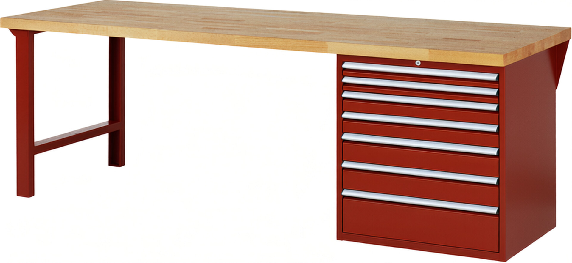 RAU Werkbank rot - Breite 250 cm - Tiefe 90 cm - Höhe 89 cm - Buche-Massiv Arbeitsplatte 40 mm