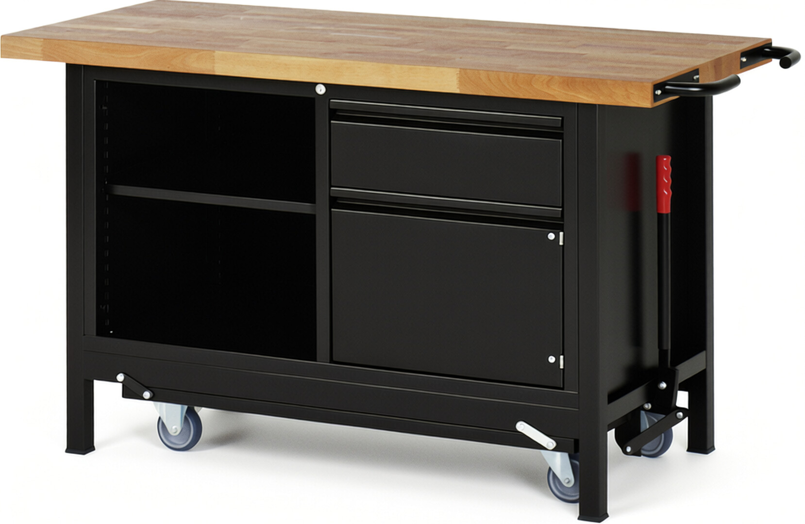 Absenkbare Werkbank - Modell 8461 BASIC schwarz, BxTxH 1500x700x880 mm,  Buche-Massiv Arbeitsplatte 40 mm,  1 Schublade mit  Auszug 90 %