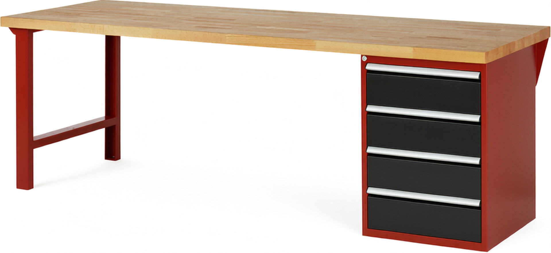 Werkbank Modell 7509 rot - schwarz, BxTxH 2500x900x840 mm,  Buche-Massiv Arbeitsplatte 40 mm,  4 Schubladen mit  Vollauszug 100 % und  SoftClosing