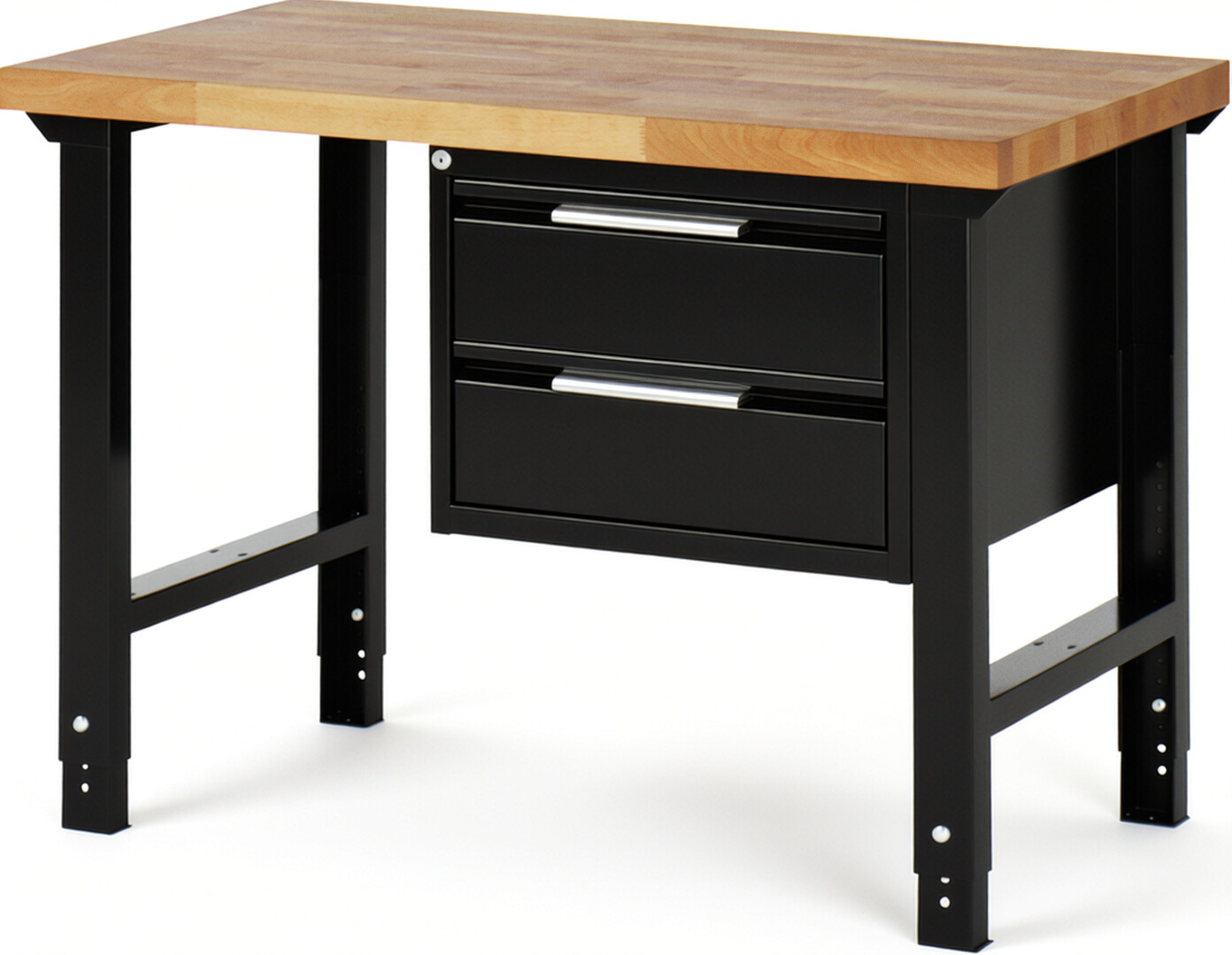 Werkbank schwarz, BxTxH 1250x700x790-1140 mm, Platte Buche 40 mm 40 mm, 2 Schubladen 180 mm, RAL 9011/9011