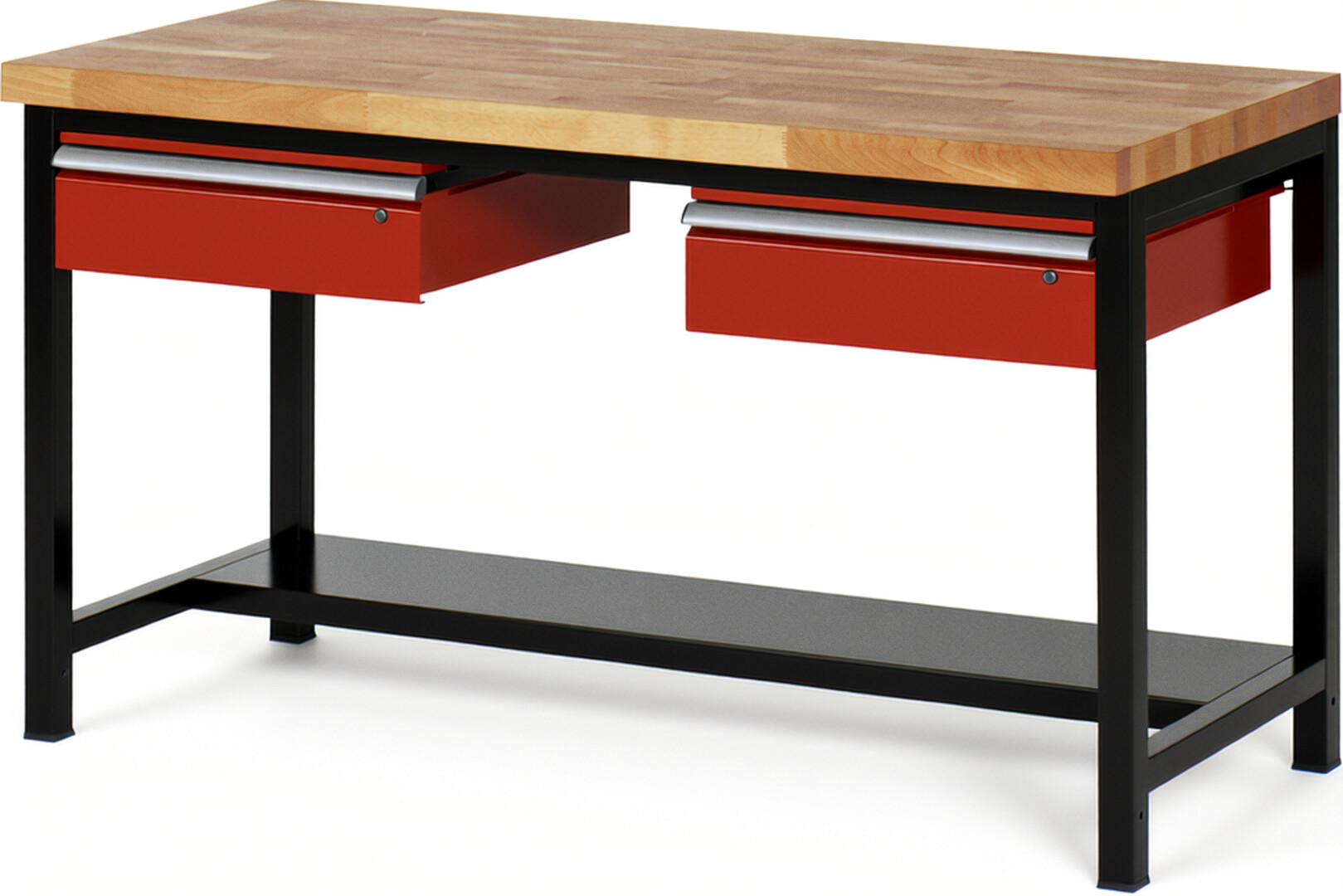 RAU Werkbank schwarz - rot - Breite 150 cm - Tiefe 90 cm - Höhe 104 cm - Buche-Massiv Arbeitsplatte 40 mm