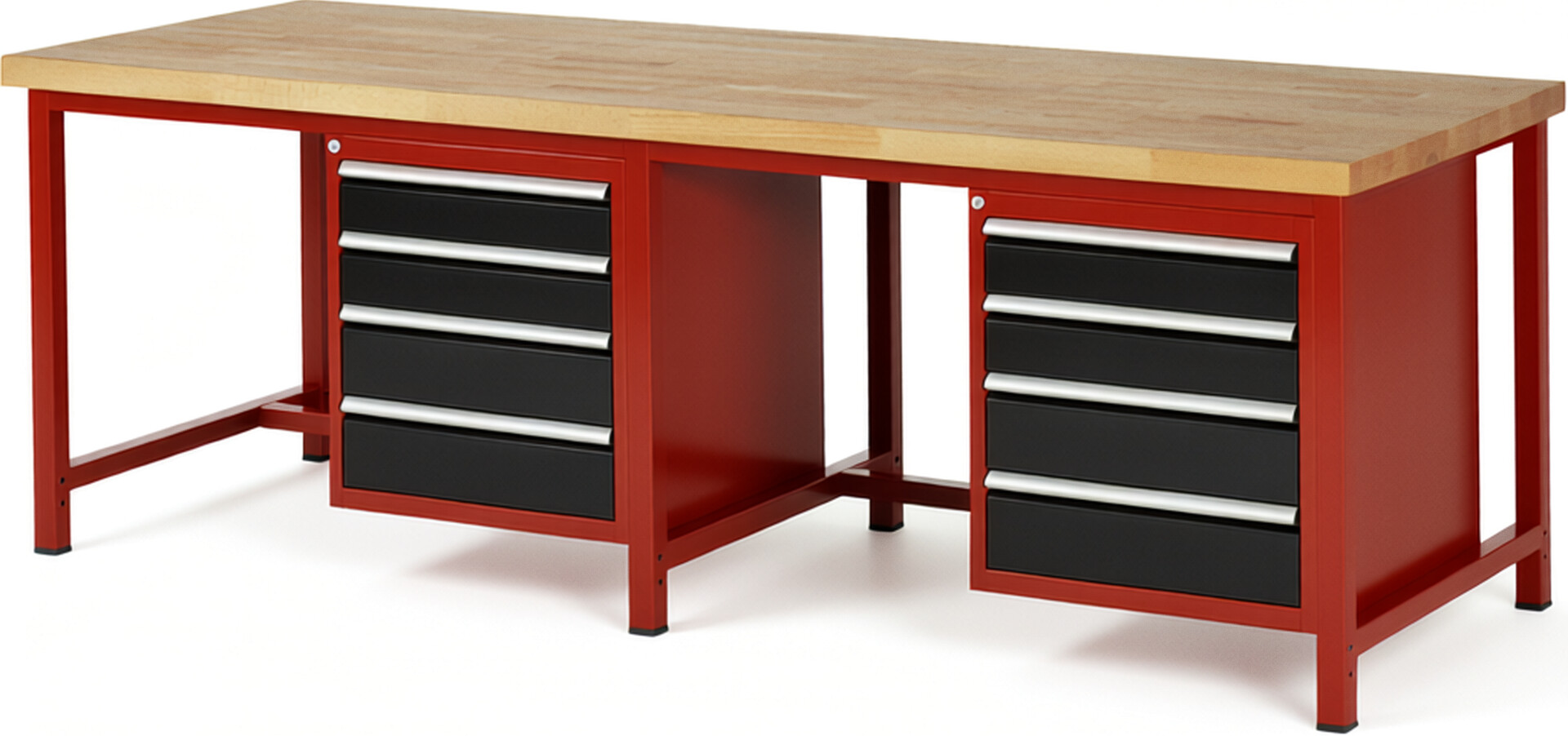 Werkbank Modell 8162 rot - schwarz, BxTxH 2500x900x840-1040 mm,  Buche-Massiv Arbeitsplatte 40 mm,  8 Schubladen mit  Auszug 90 %