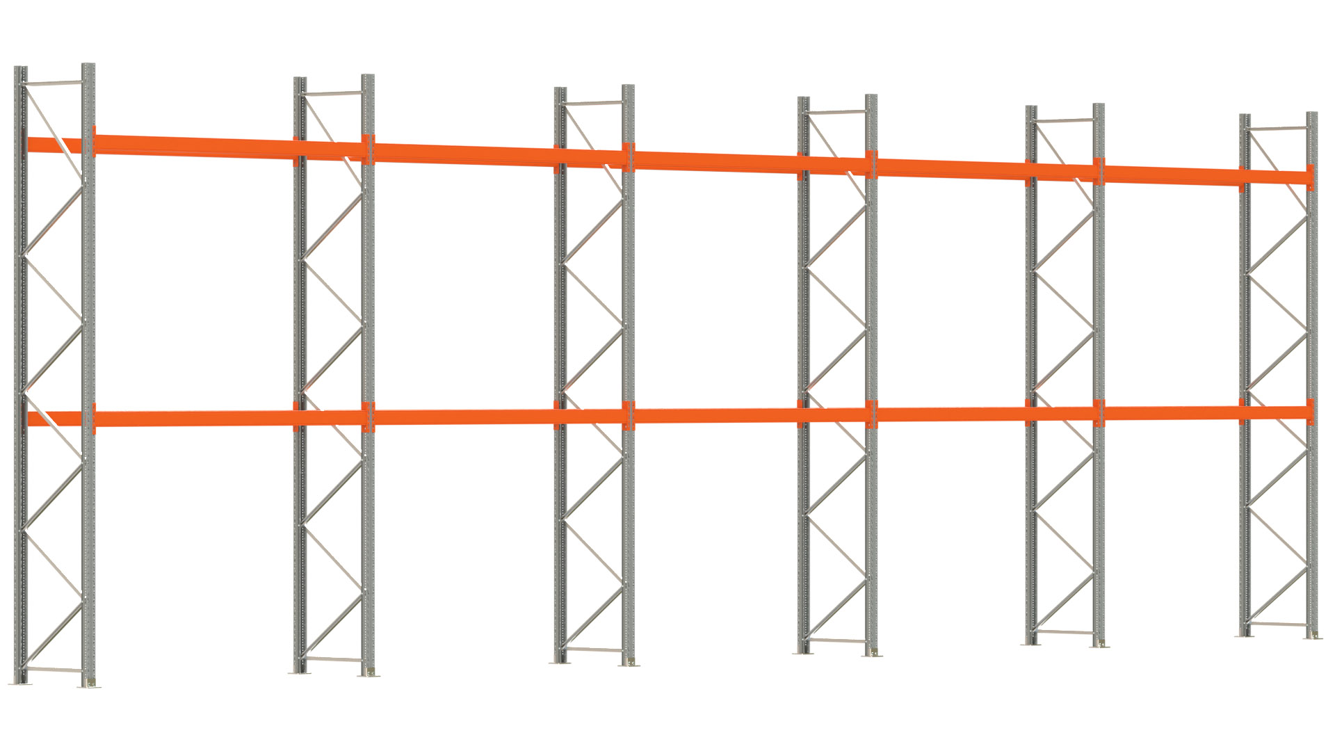 Palettenregal ARTUS - Breite 1401 cm - Höhe 450 cm - Tiefe 80 cm - 2 Träger-Ebenen - max. Fachlast 2100 kg - 30 Palettenstellplätze