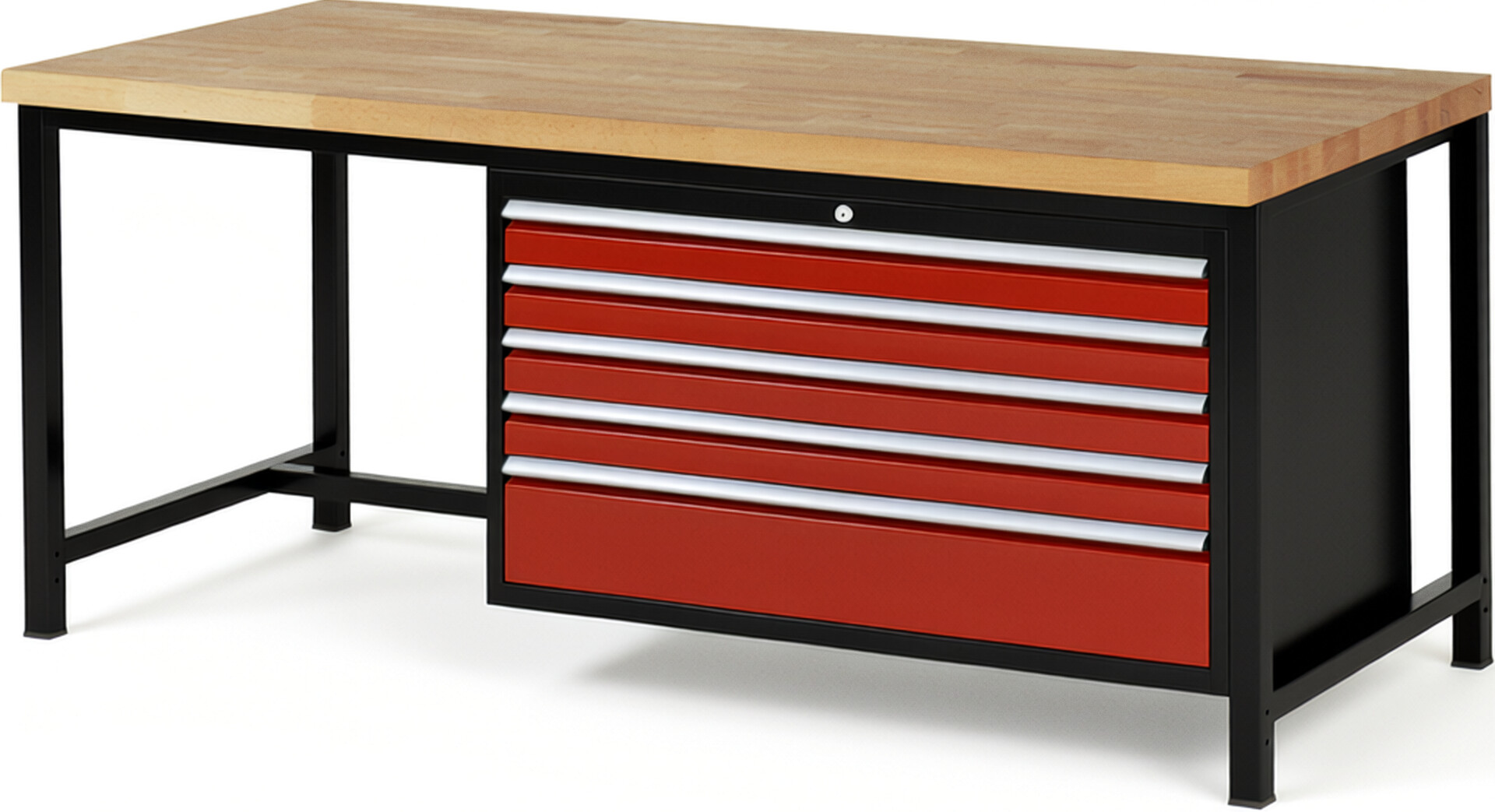 RAU Werkbank schwarz - rot - Breite 200 cm - Tiefe 90 cm - Höhe 104 cm - Buche-Massiv Arbeitsplatte 40 mm