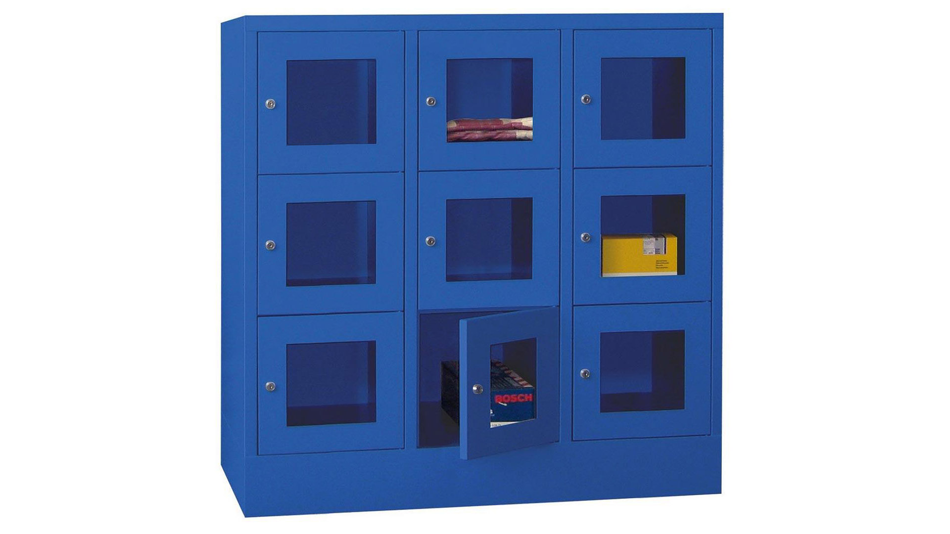 Fächerschränke mit Sichtfenstertüren, Breite 120 cm, Höhe 118,7 cm, Tiefe 50 cm, 3x3 Fächer