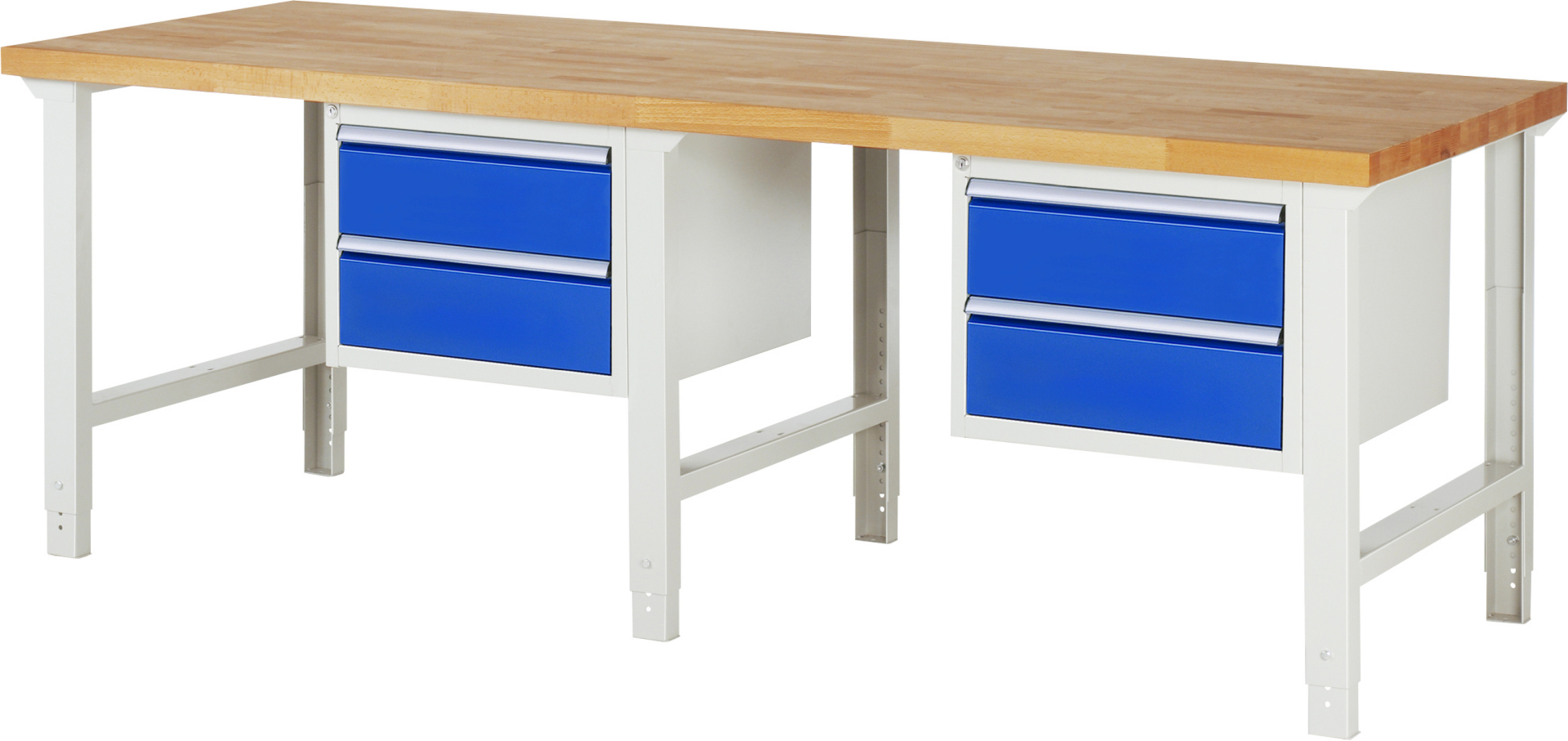 Werkbank Modell 7123 schwarz, BxTxH 2500x900x790-1140 mm,  Buche-Massiv Arbeitsplatte 40 mm,  4 Schubladen mit  Auszug 90 %