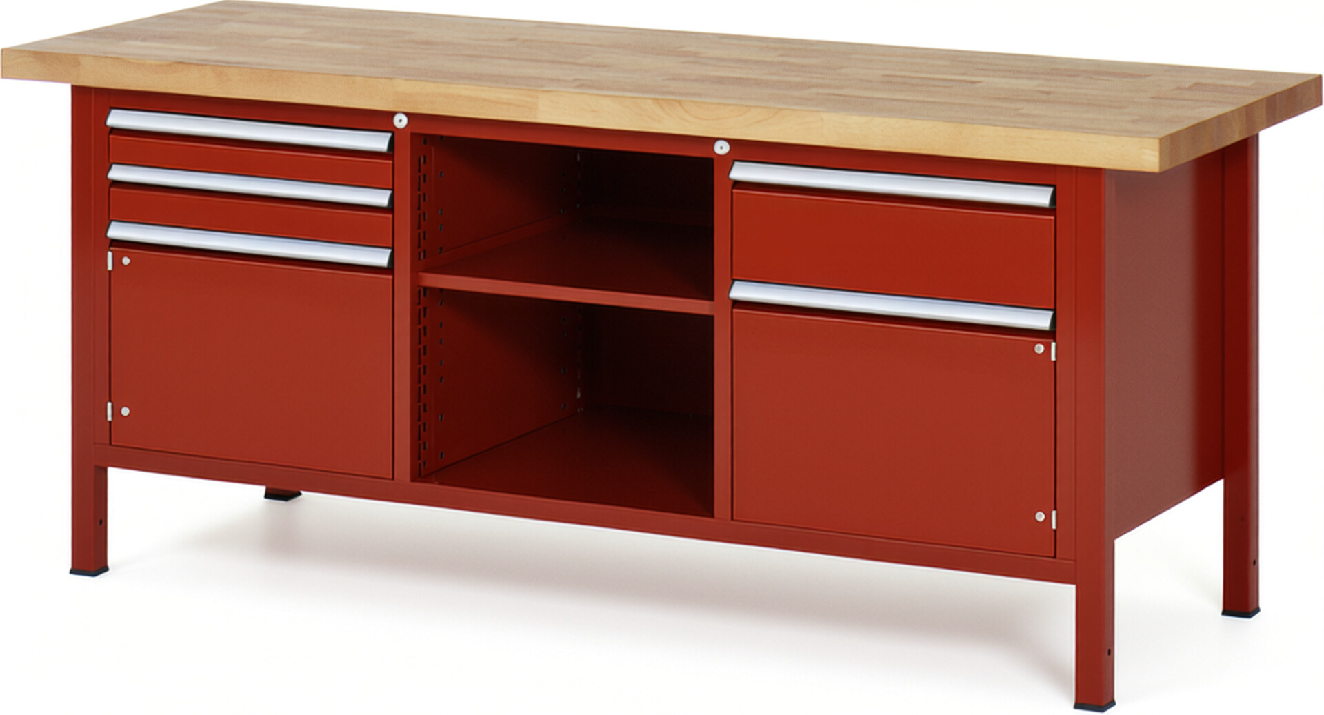 Werkbank Modell 8562 rot, BxTxH 2000x700x840 mm,  Buche-Massiv Arbeitsplatte 40 mm,  3 Schubladen mit  Auszug 90 %