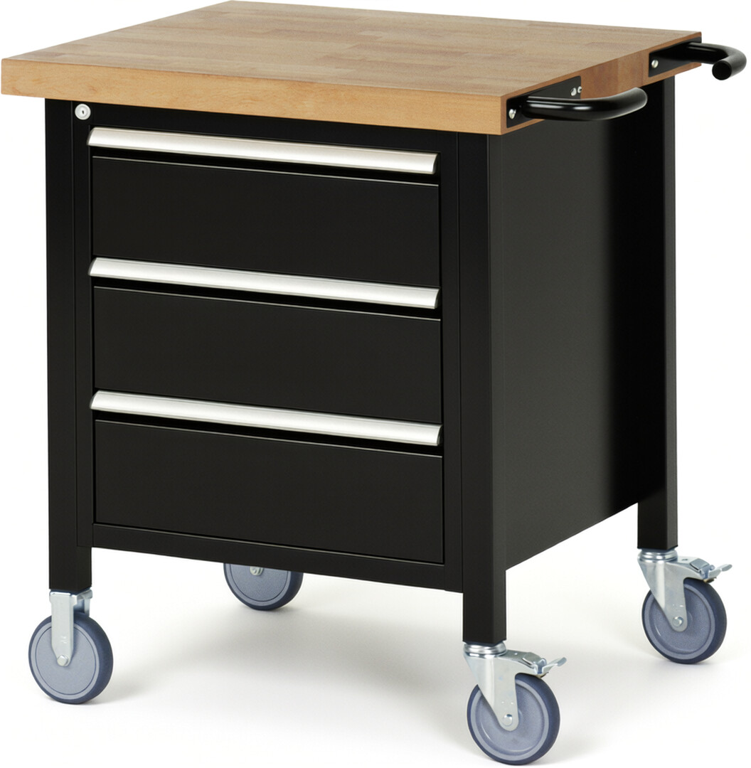 RAU Werkbank schwarz - Breite 75 cm - Tiefe 70 cm - Höhe 88 cm - Buche-Massiv Arbeitsplatte 40 mm