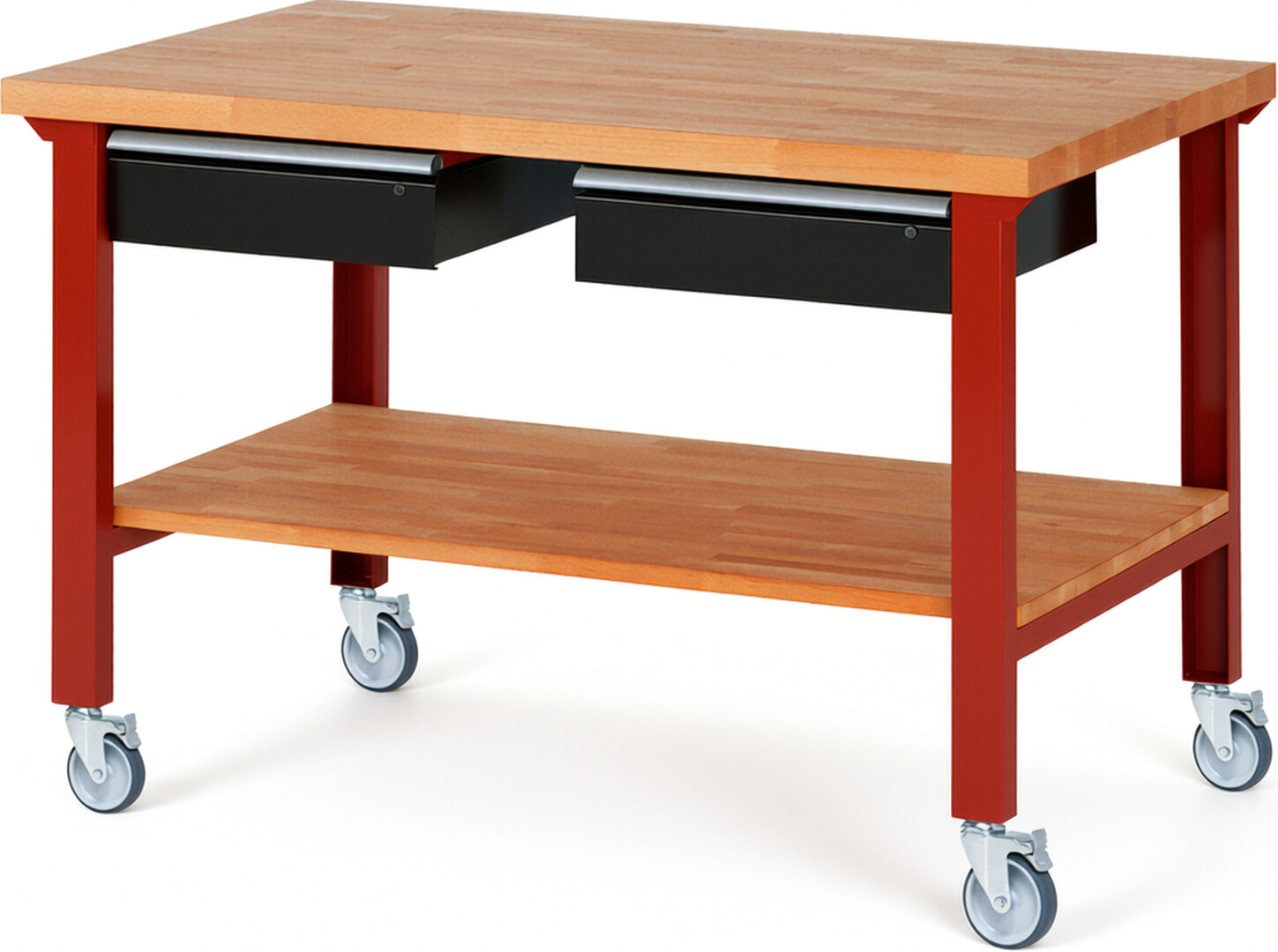 RAU Werkbank rot - schwarz - Breite 150 cm - Tiefe 90 cm - Höhe 100 cm - Buche-Massiv Arbeitsplatte 40 mm