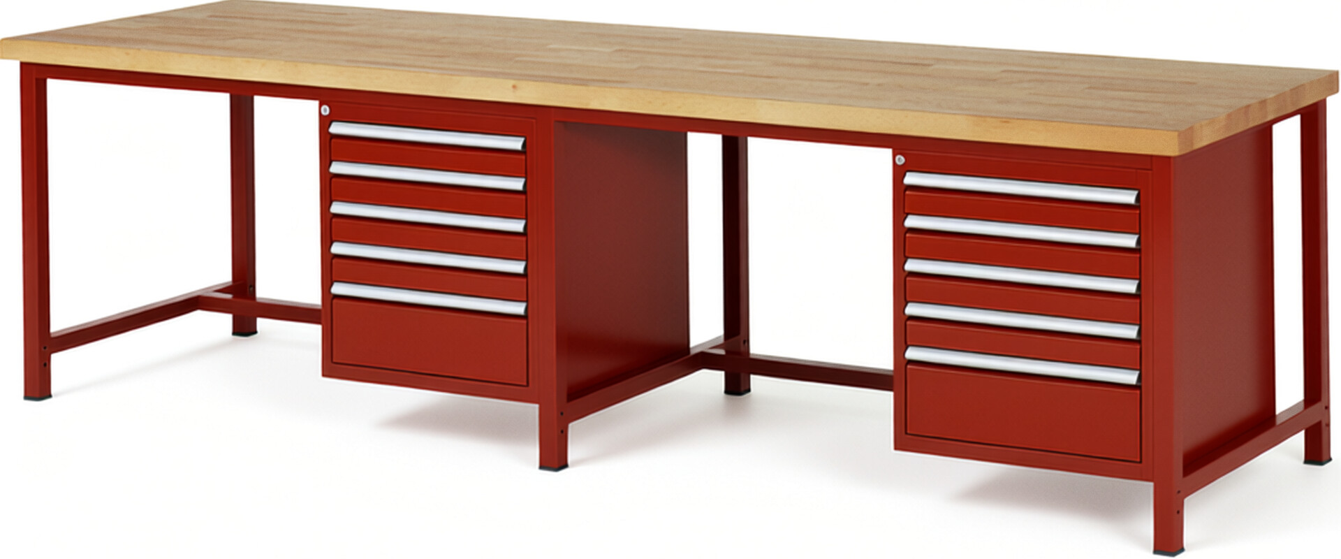 Werkbank Modell 8168 rot, BxTxH 3000x900x840 mm,  Buche-Massiv Arbeitsplatte 40 mm,  10 Schubladen mit  Vollauszug 100 % und  SoftClosing