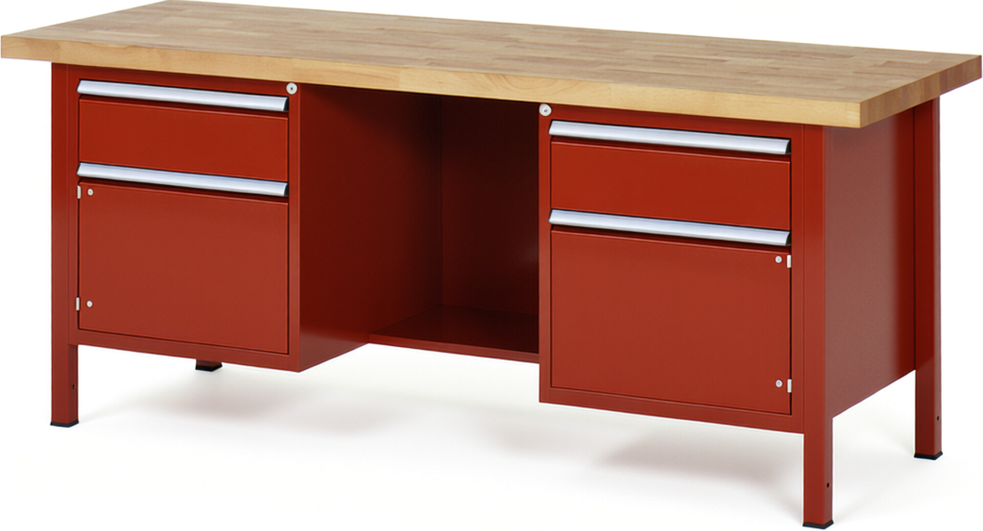 Werkbank Modell 8551 rot, BxTxH 2000x700x840-1040 mm,  Buche-Massiv Arbeitsplatte 40 mm,  2 Schubladen mit  Auszug 90 %