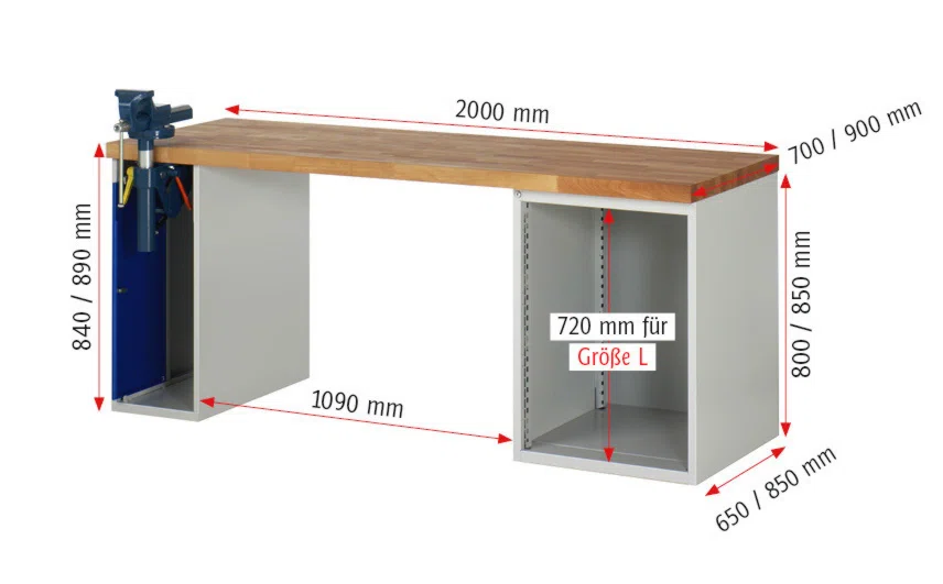 Werkbank Modell 7510 rot - schwarz, BxTxH 2000x900x890 mm,  Buche-Massiv Arbeitsplatte 40 mm,  4 Schubladen mit  Auszug 90 %