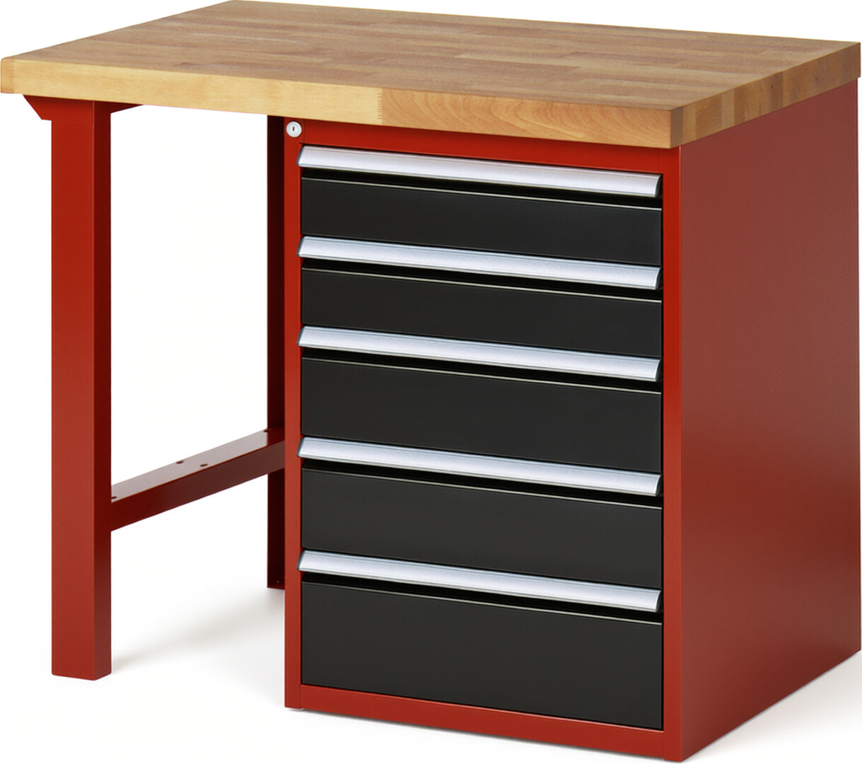 Werkbank Modell 7513 rot - schwarz, BxTxH 1000x700x840 mm,  Buche-Massiv Arbeitsplatte 40 mm,  5 Schubladen mit  Vollauszug 100 % und  SoftClosing
