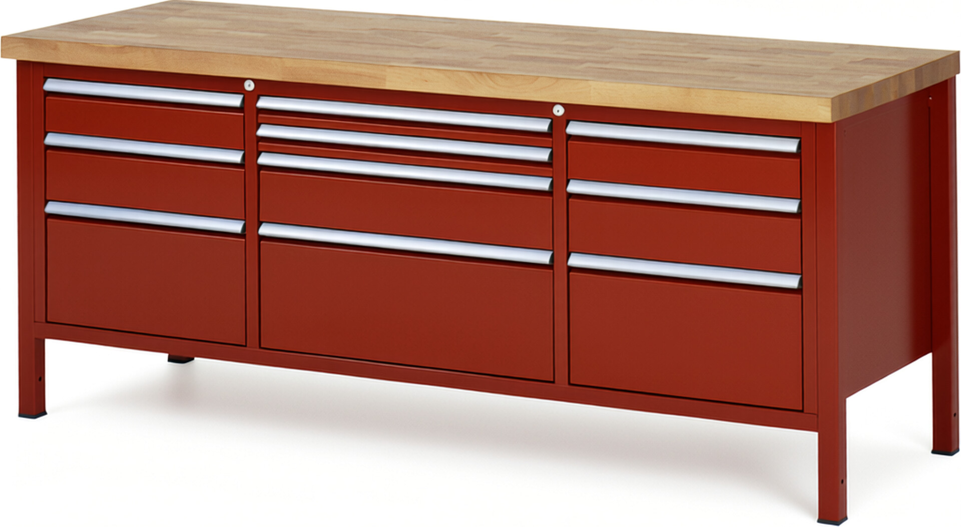 RAU Werkbank rot - Breite 200 cm - Tiefe 70 cm - Höhe 104 cm - Buche-Massiv Arbeitsplatte 40 mm