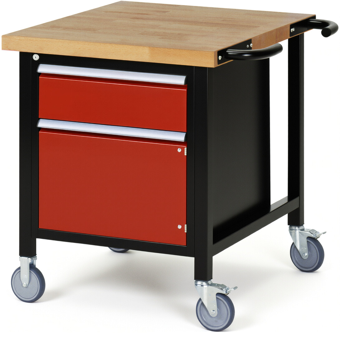 Fahrbare Werkbank Modell 8152 schwarz-rot, BxTxH 750x900x880 mm,  Buche-Massiv Arbeitsplatte 40 mm,  1 Schublade mit  Vollauszug 100 % und  SoftClosing