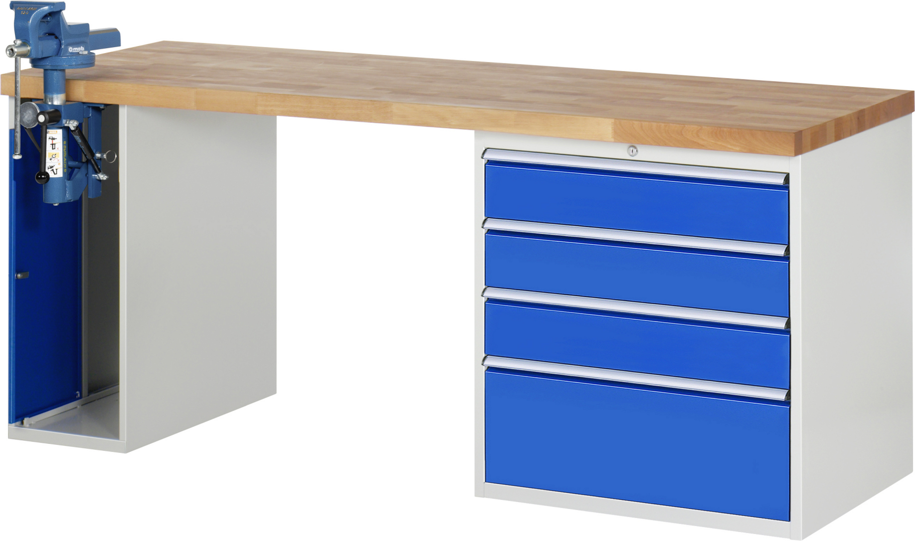 Werkbank Modell 7610 rot - schwarz, BxTxH 2000x700x840 mm,  Buche-Massiv Arbeitsplatte 40 mm,  4 Schubladen mit  Vollauszug 100 % und  SoftClosing